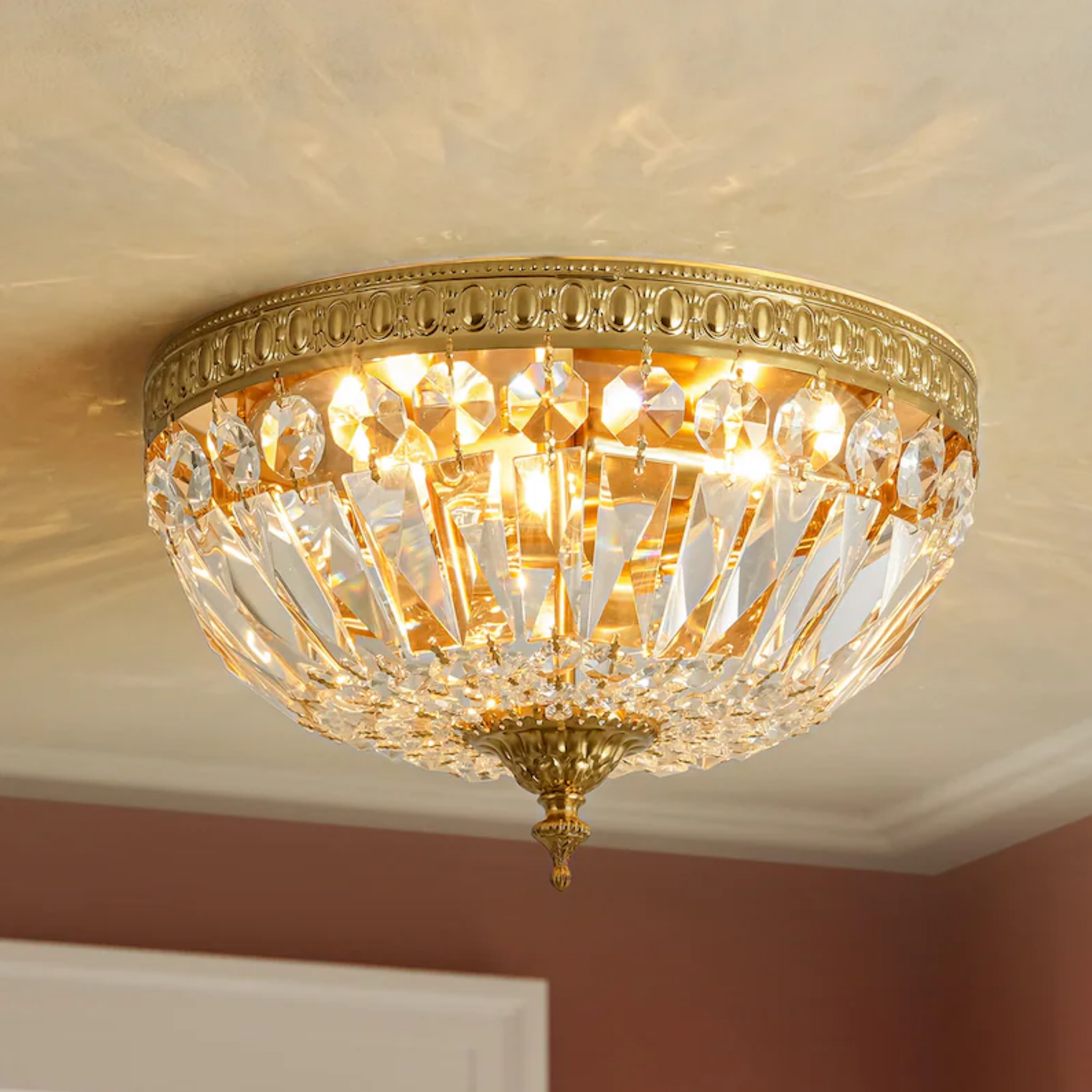 European style copper crystal flush mount ceiling light 45 cm turned on