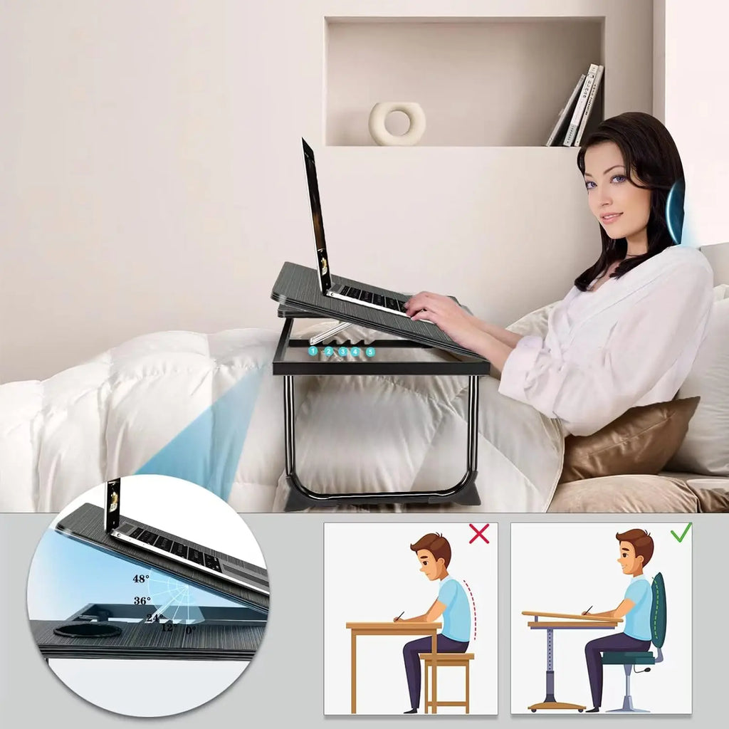Work/Study in Bed Comfortably Adjustable & Foldable Lap Desk with Cup Holder, Ventilated Design Prevents Overheating.