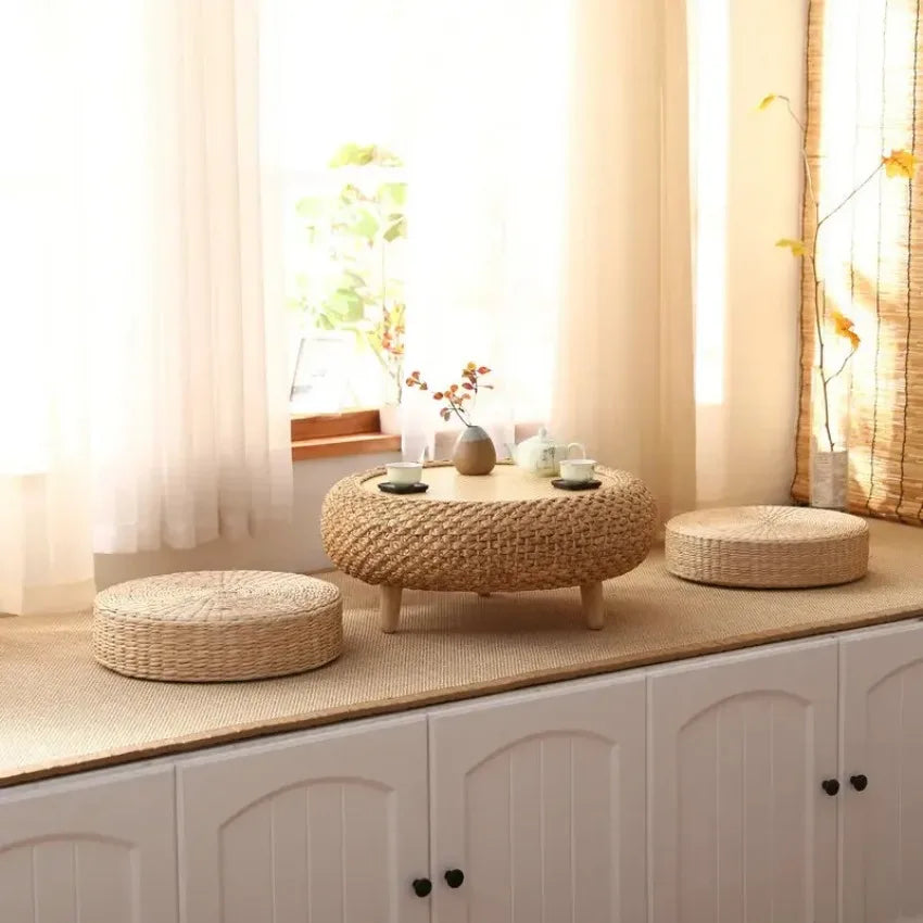 Handcrafted round Rattan Coffee Table Japanese Floor Tea Table for Living Room Bay Window Balcony or Small Spaces Natural Finish