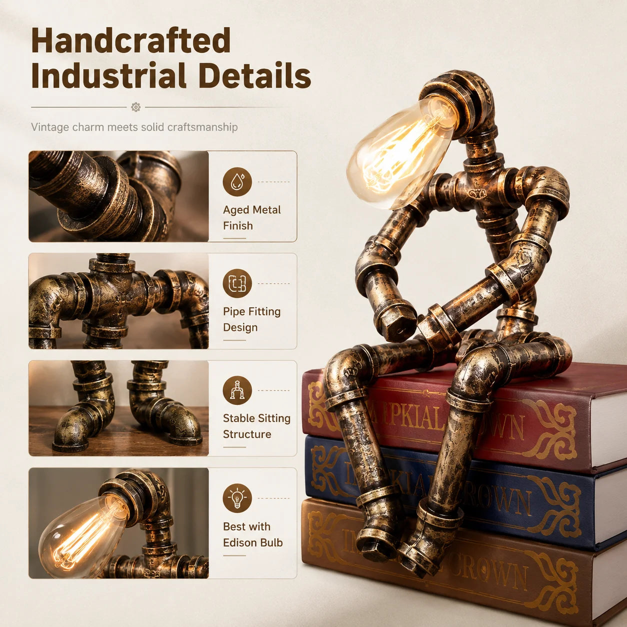 Vintage Steampunk Pipe Robot Desk Lamp Industrial Bedside Table Light for Bedroom Cafe Decor