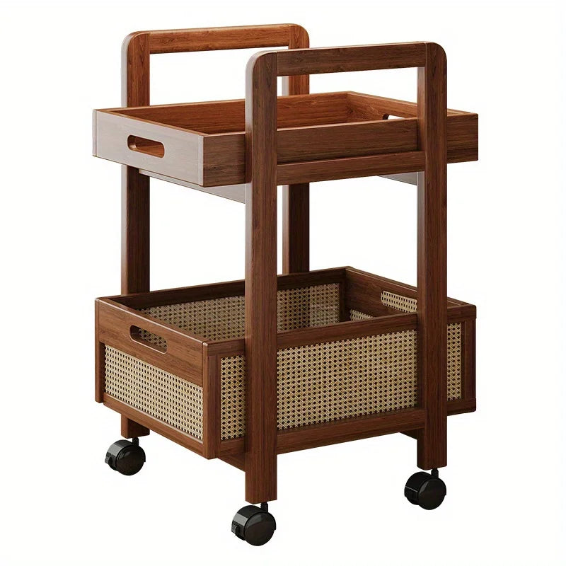 Rattan Storage Cart - Mobile Side Table with Woven Baskets, Multi-Functional Rolling Cart for Living Room & Bedroom, Shelves