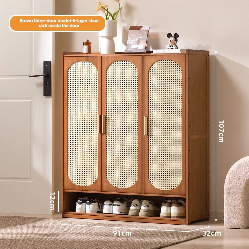 Multi Layer Bamboo Antique Style Shoe Cabinet, Rattan Breathable Shoe Cabinet, Living Room Kitchen Dining Room Storage Cabinet