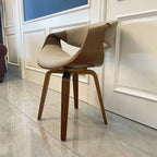 Mid Century Curved Back Dining Chair Armchair with Linen Fabric Upholstered Leisure Accent Chair with Wood Legs Walnut Finish