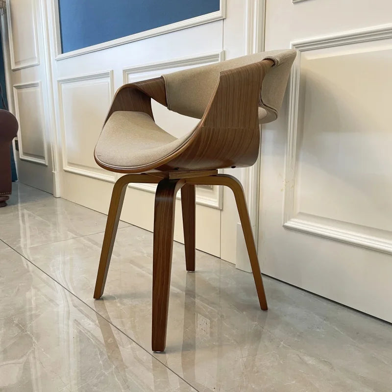Mid Century Curved Back Dining Chair Armchair with Linen Fabric Upholstered Leisure Accent Chair with Wood Legs Walnut Finish