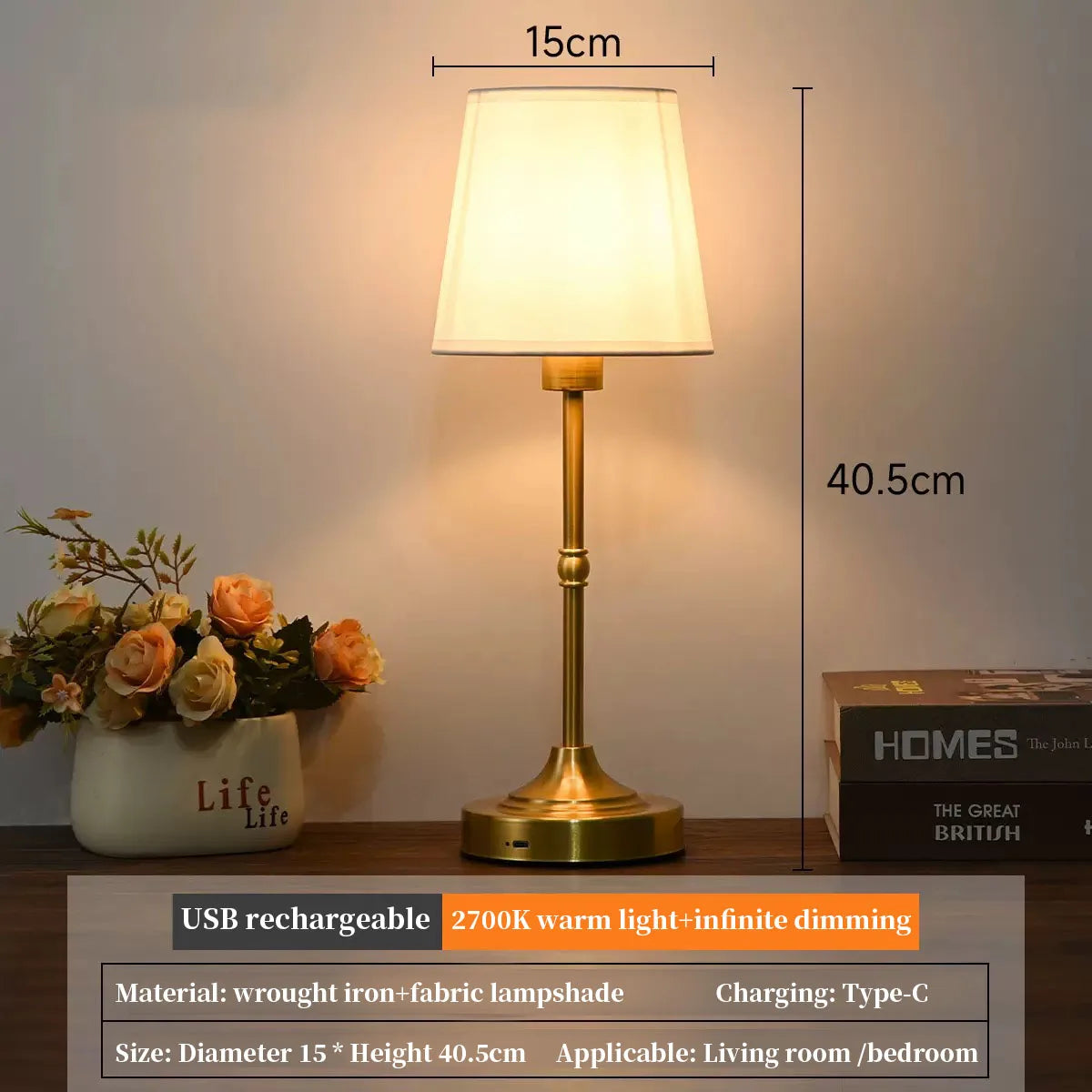 Cordless Table Lamps Rechargeable Battery Lamp with 3-Level Dimmable Fabric Touch Bedside Lamps for Bedroom, Living Room