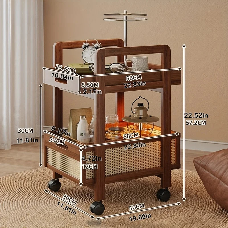 Rattan Storage Cart - Mobile Side Table with Woven Baskets, Multi-Functional Rolling Cart for Living Room & Bedroom, Shelves