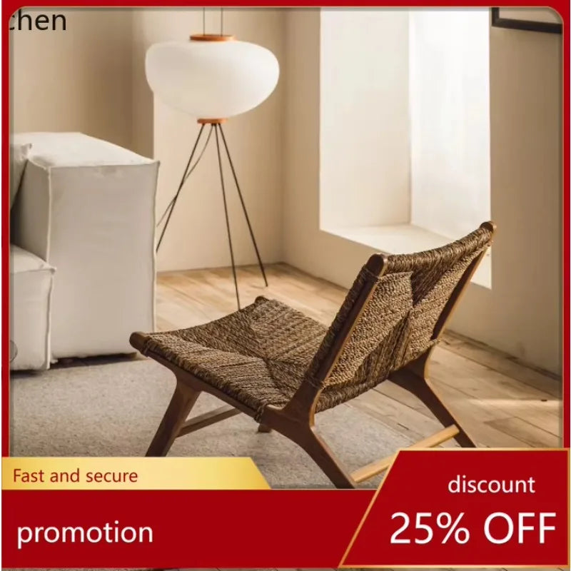 PYH Retro Rattan Woven Recliner Solid Wood Single Sofa Chair for Homestay Hotel Home Use Leisure Chair