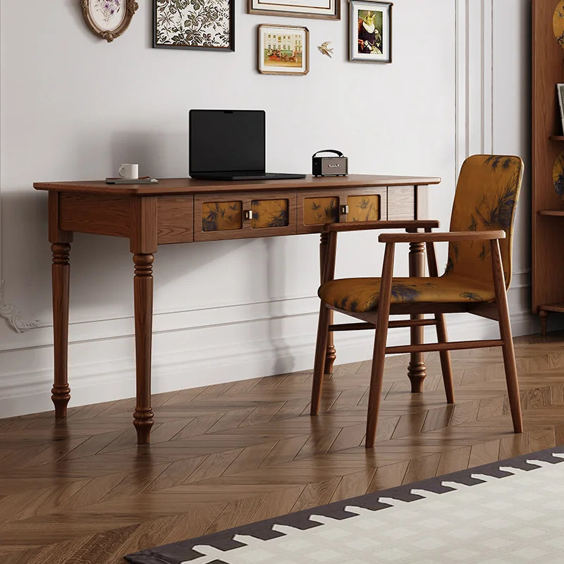 Home Office Desk Set Elegant Vintage Study Furniture Upholstered Chair Wooden Writing Desk Drawer Computer