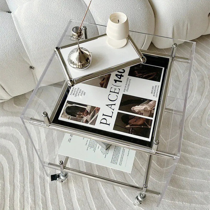 Acrylic 2-Tier Rolling Side Table, Mobile Storage Cart for Couch, Small Space-Saving Coffee Table with Wheels, Clear for Home