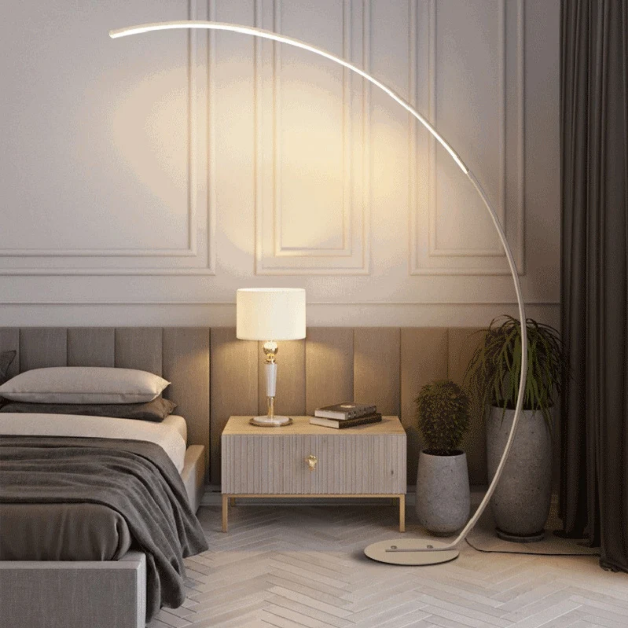 Modern fishing rod LED floor lamp in a bedroom