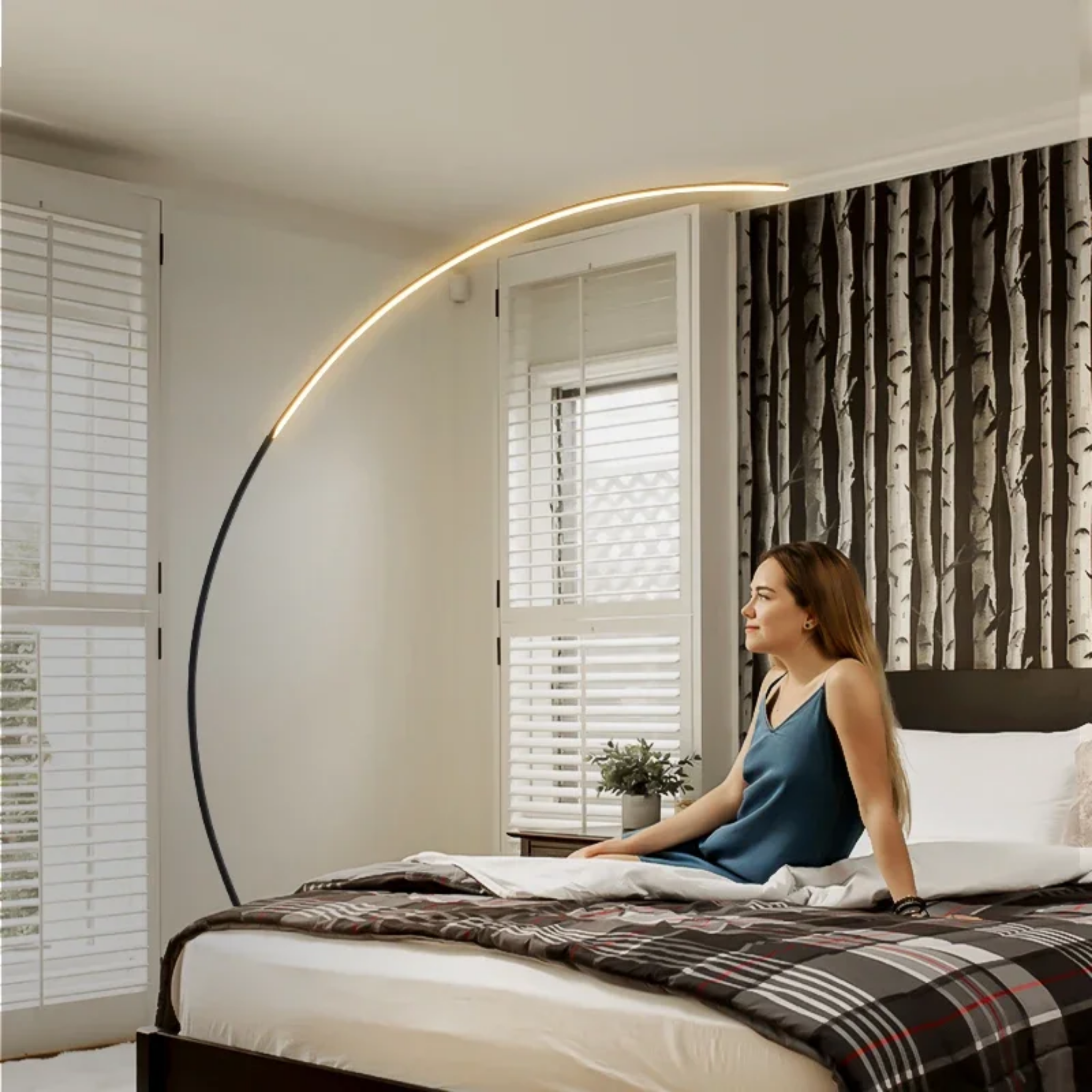 Modern fishing rod style floor lamp in a living room