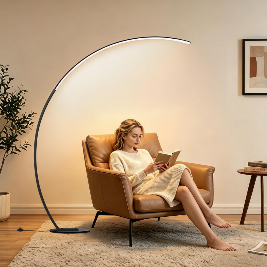 Fishing rod LED floor lamp beside a reading chair