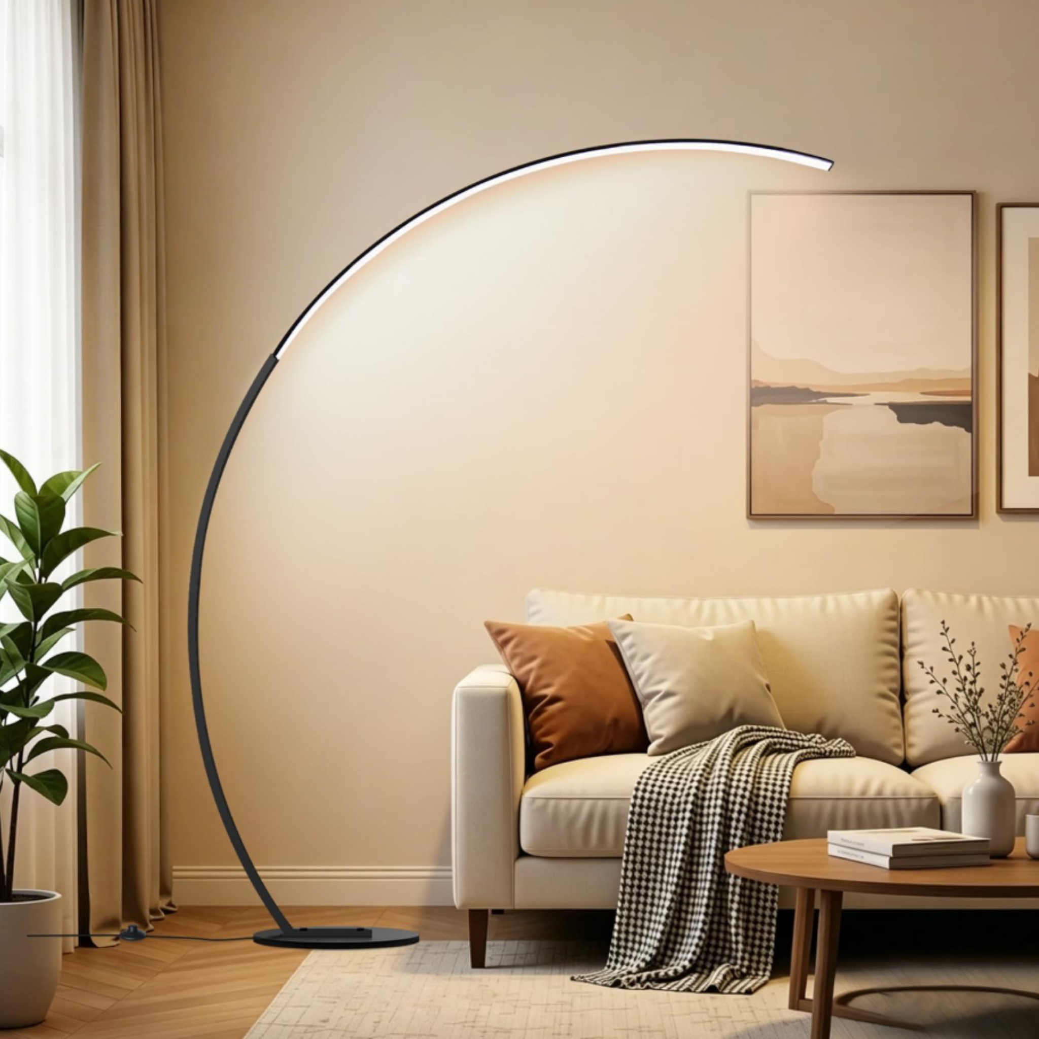 Fishing rod style LED floor lamp beside a sofa