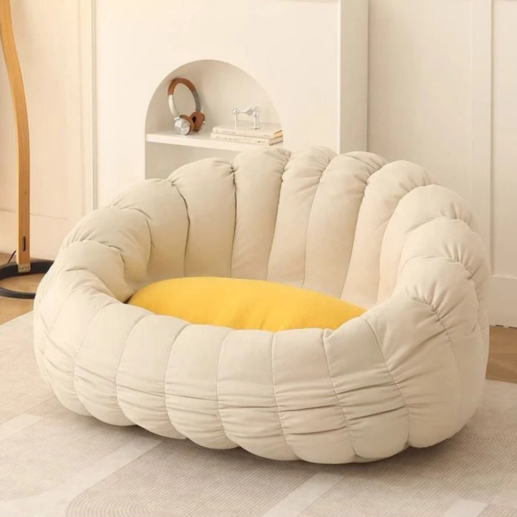 Beige and yellow  flower-shaped fleece bean bag chair