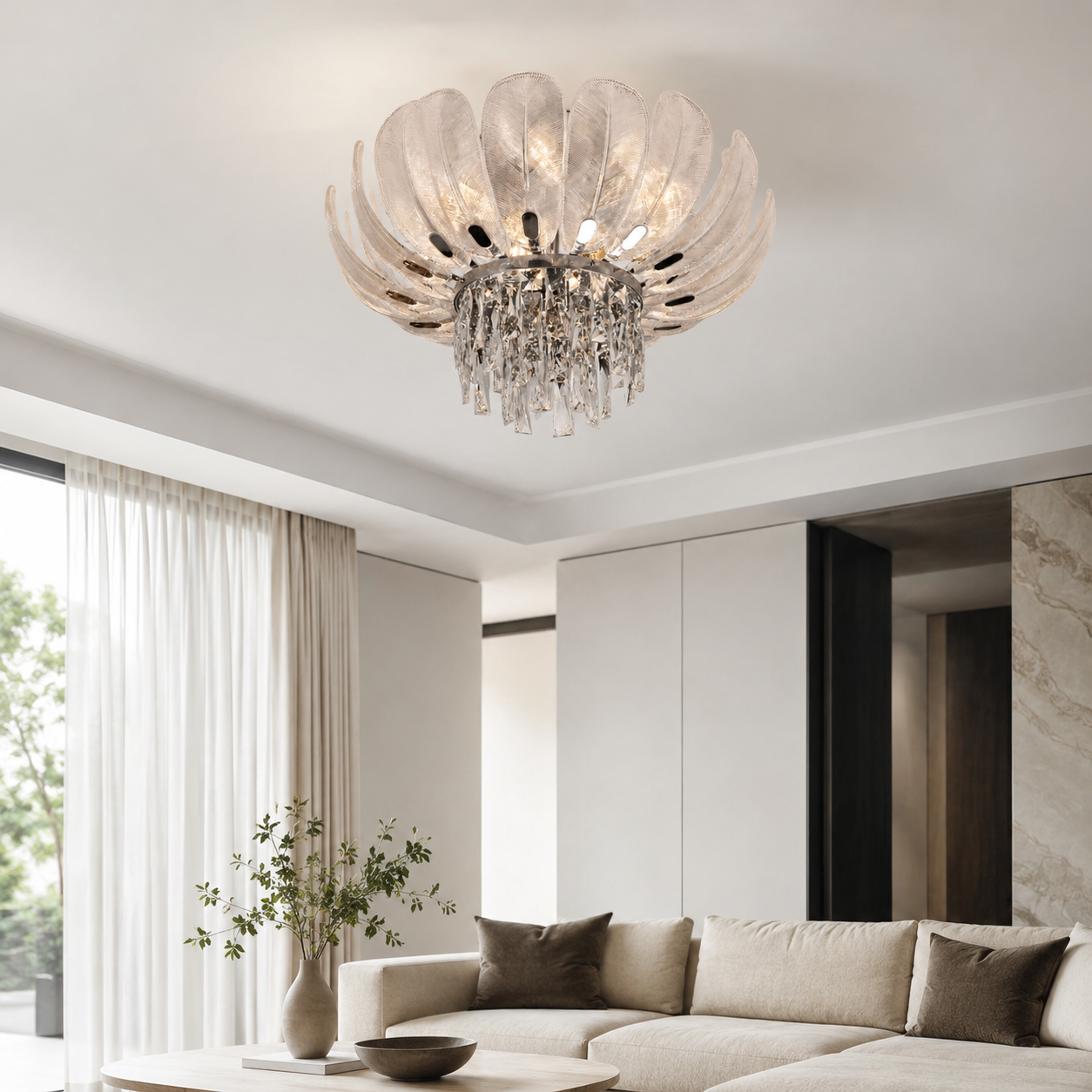 Crystal flush mount ceiling light installed in a living room