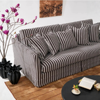 Angled view of the French striped sofa