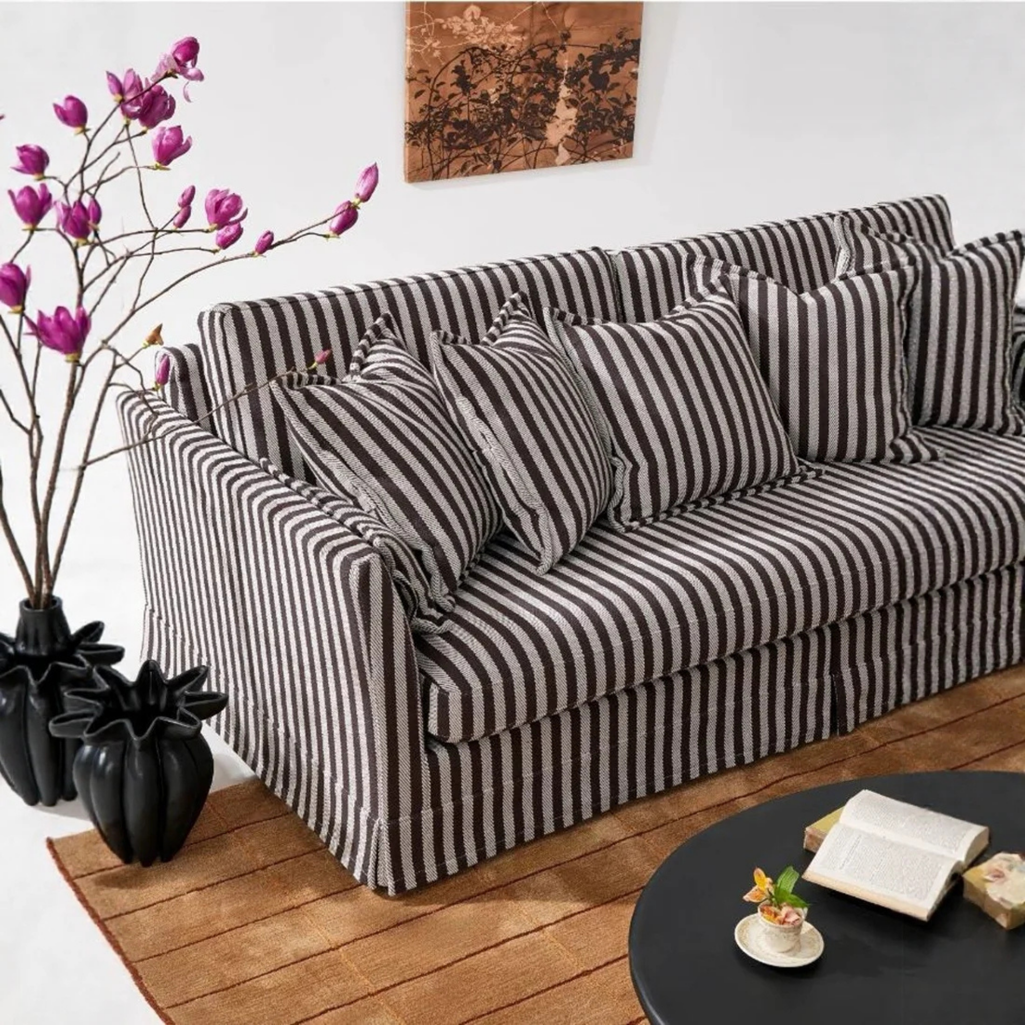 Angled view of the French striped sofa