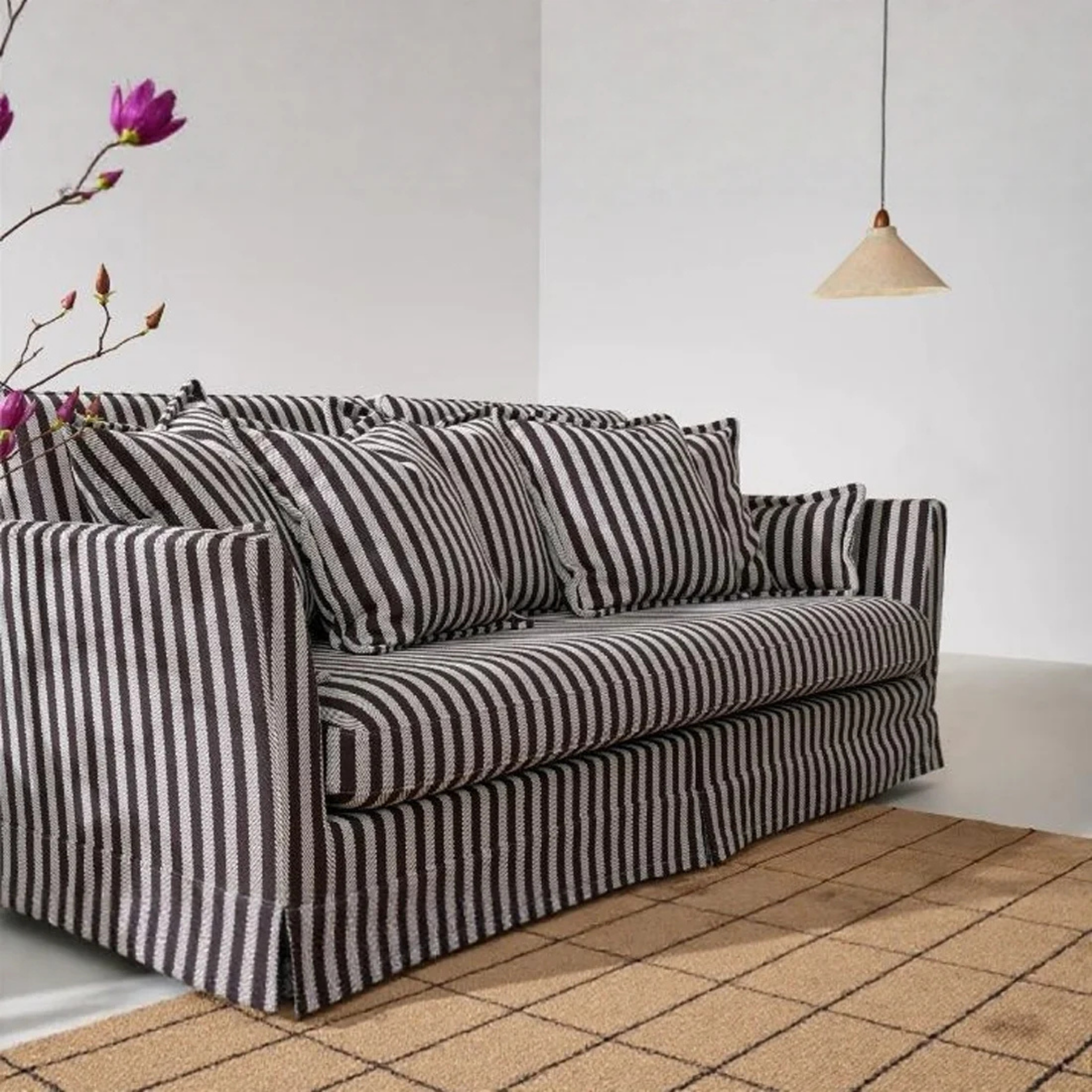 Side profile of the French striped sofa