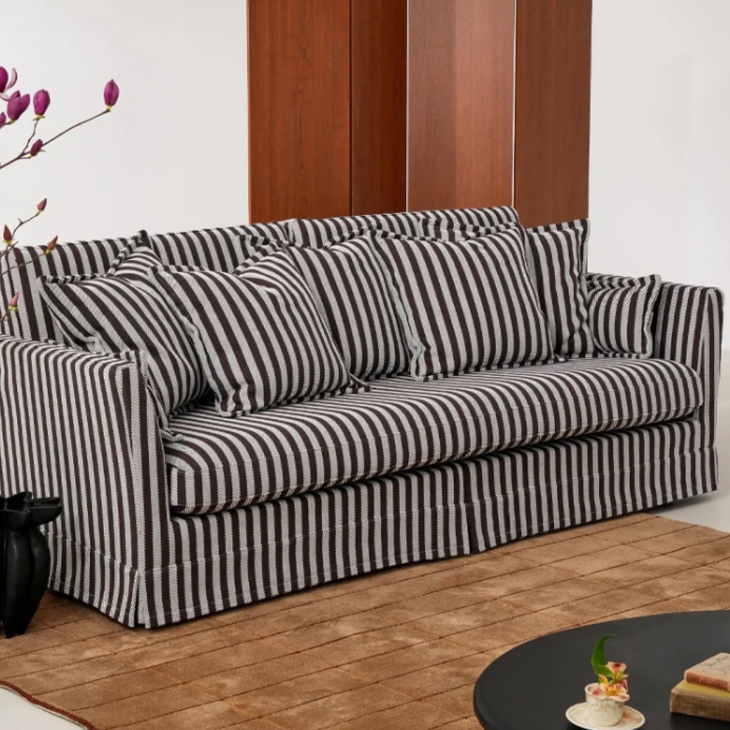 Side view of the French striped 3-seater sofa