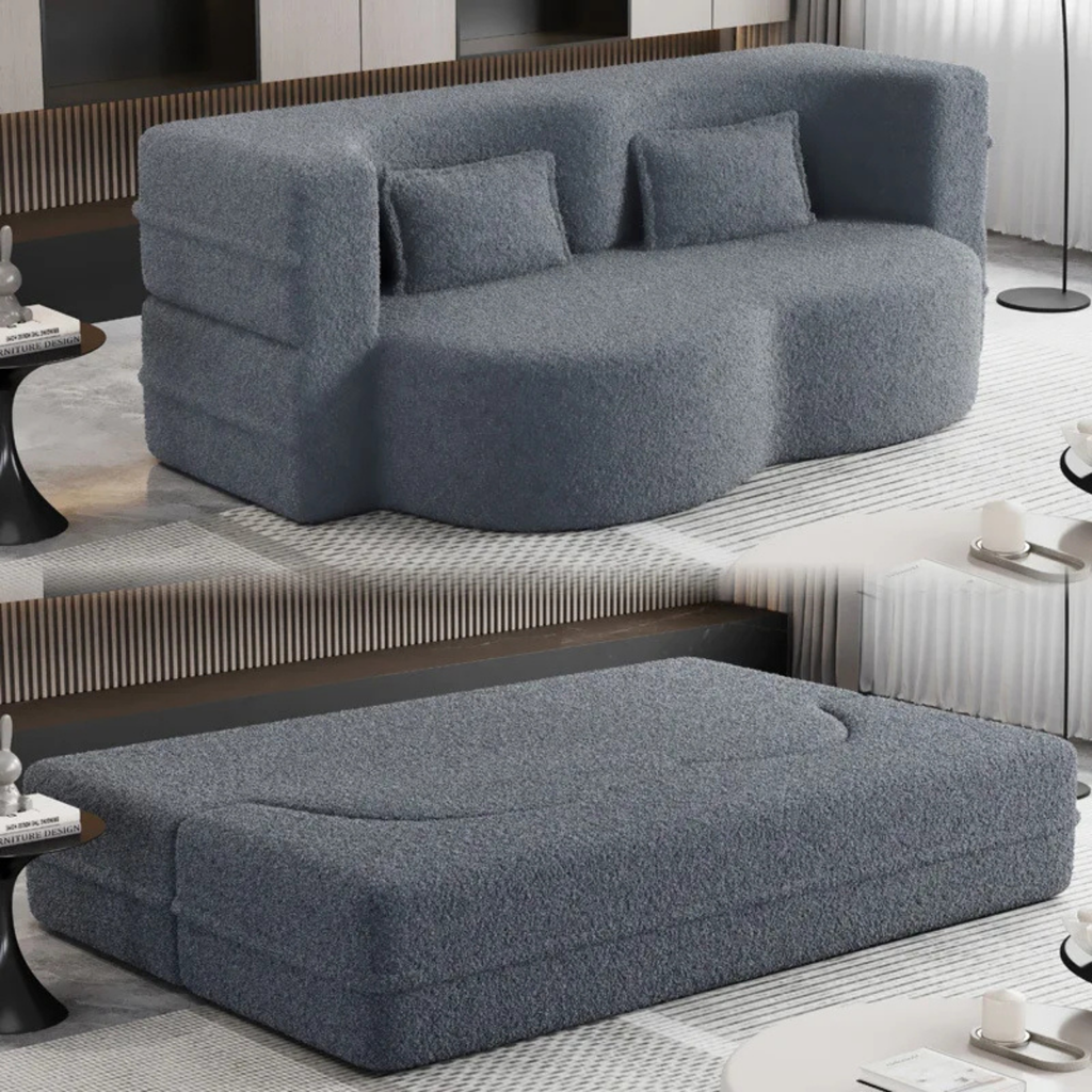 Gray foldable velvet sofa bed