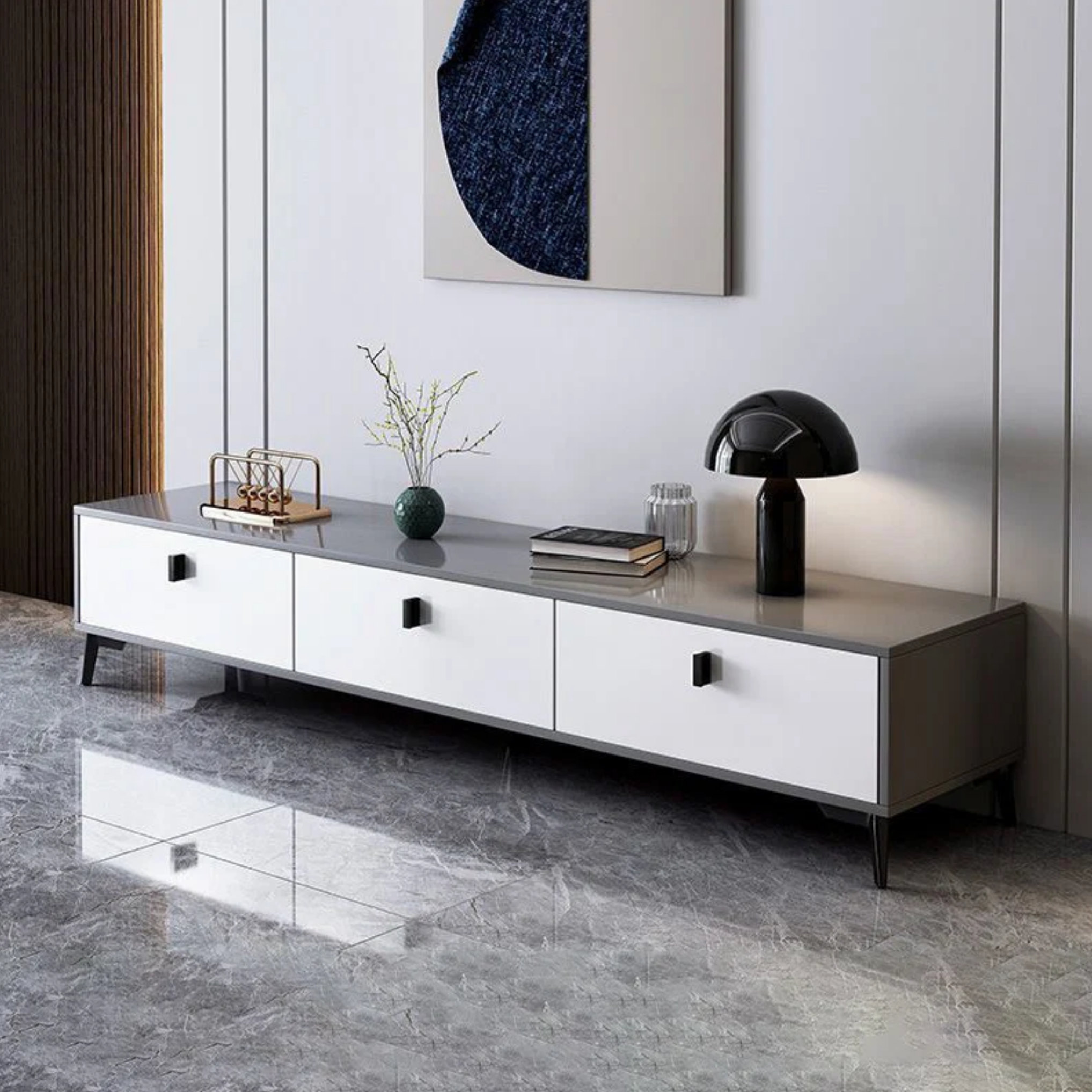 Modern 4-drawer TV stand for living room small size in gray