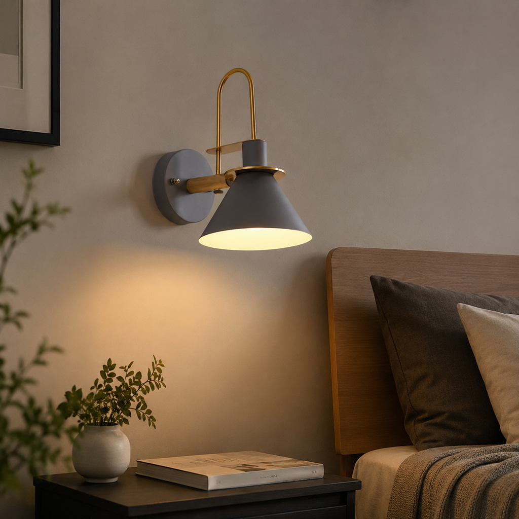 Gray industrial conical wall sconce with metal shade