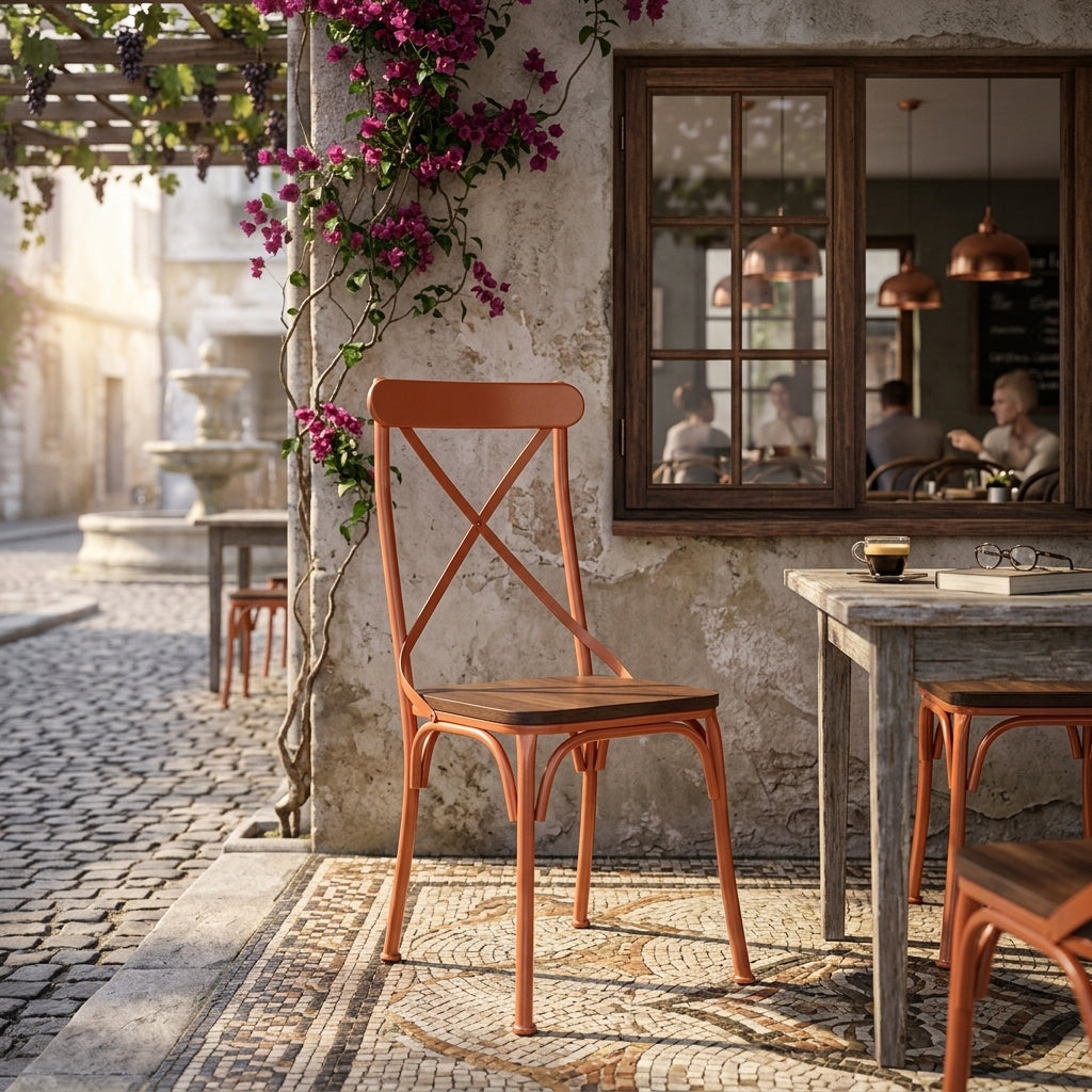 Industrial restaurant table and chairs set for cafe or bistro
