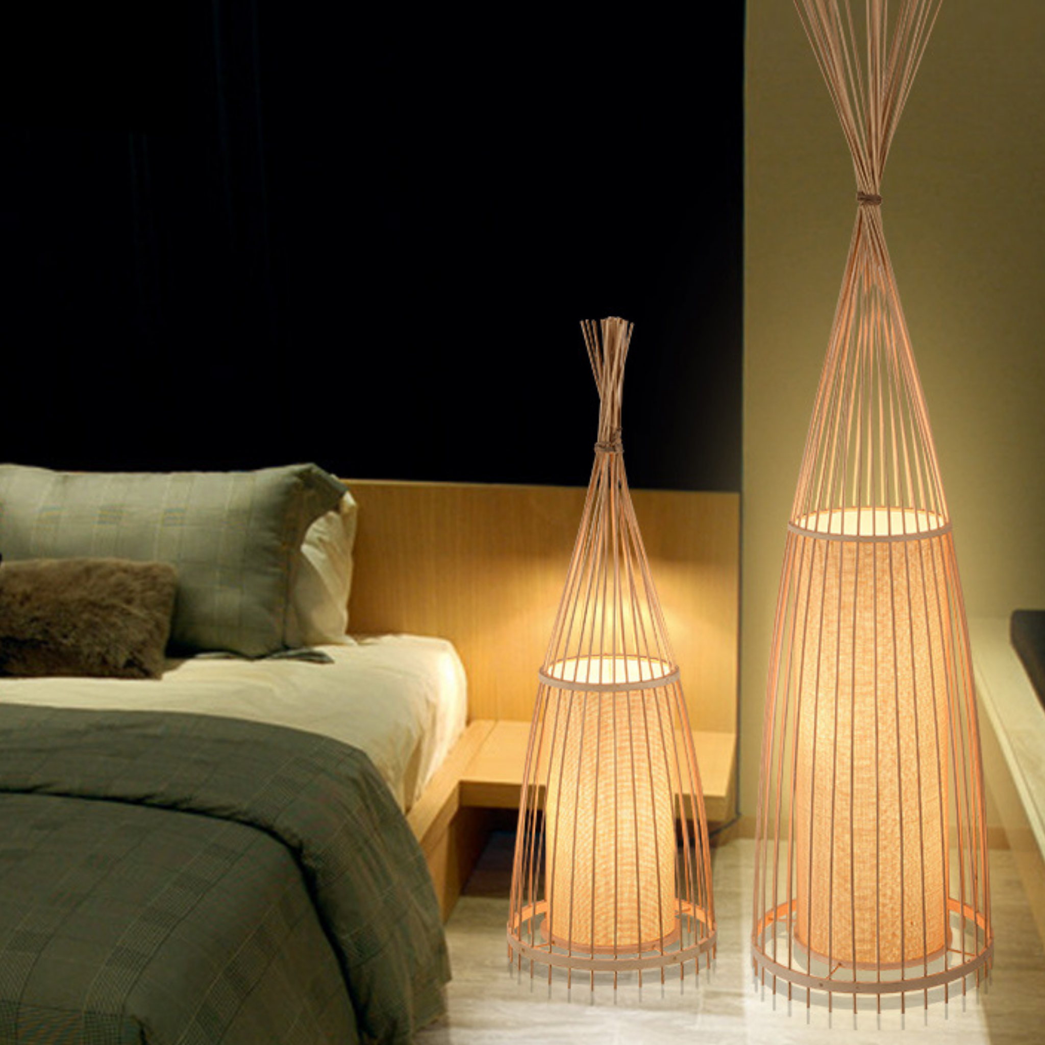 Handmade bamboo wicker floor lamp in a bedroom