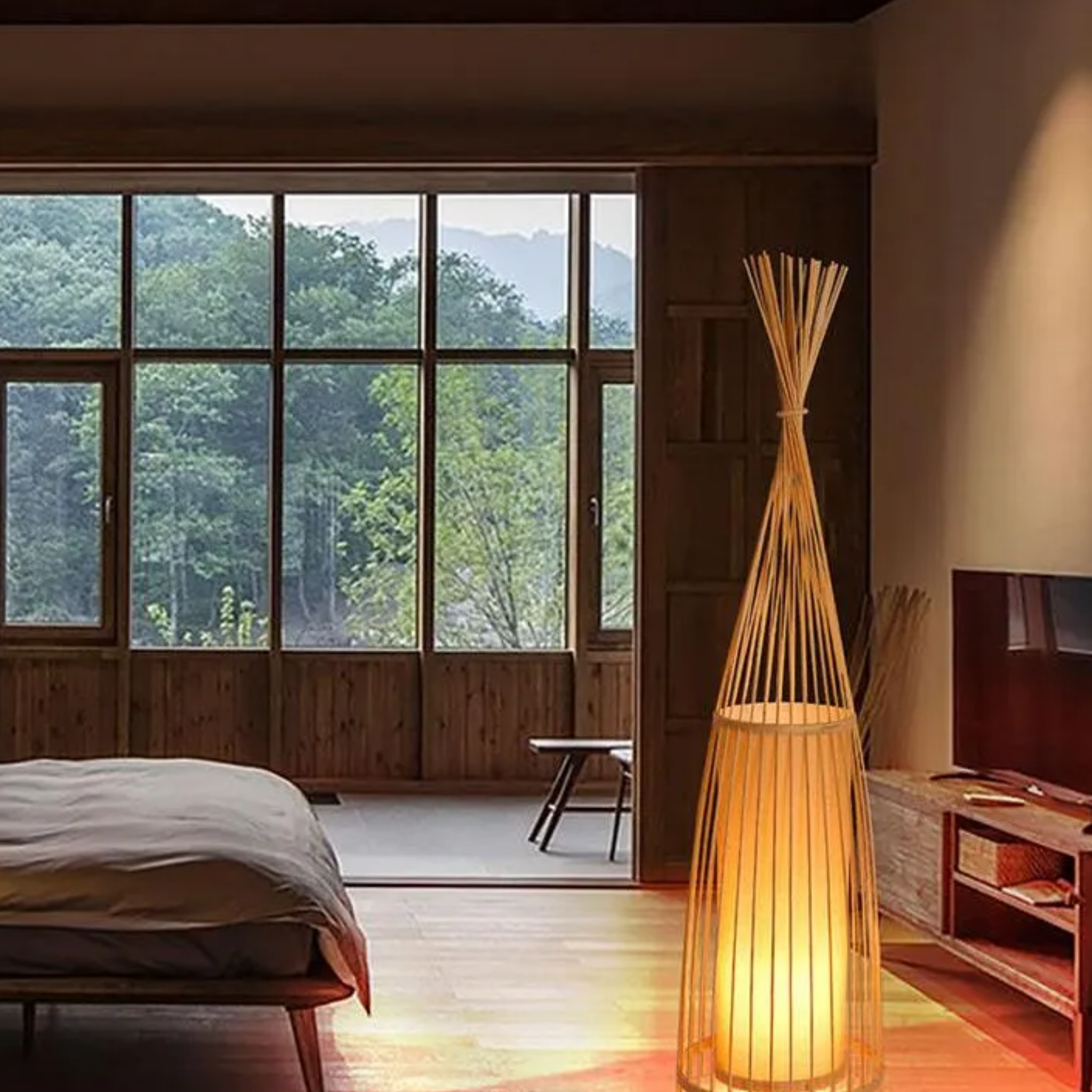 Handmade bamboo wicker floor lamp in a boutique hotel