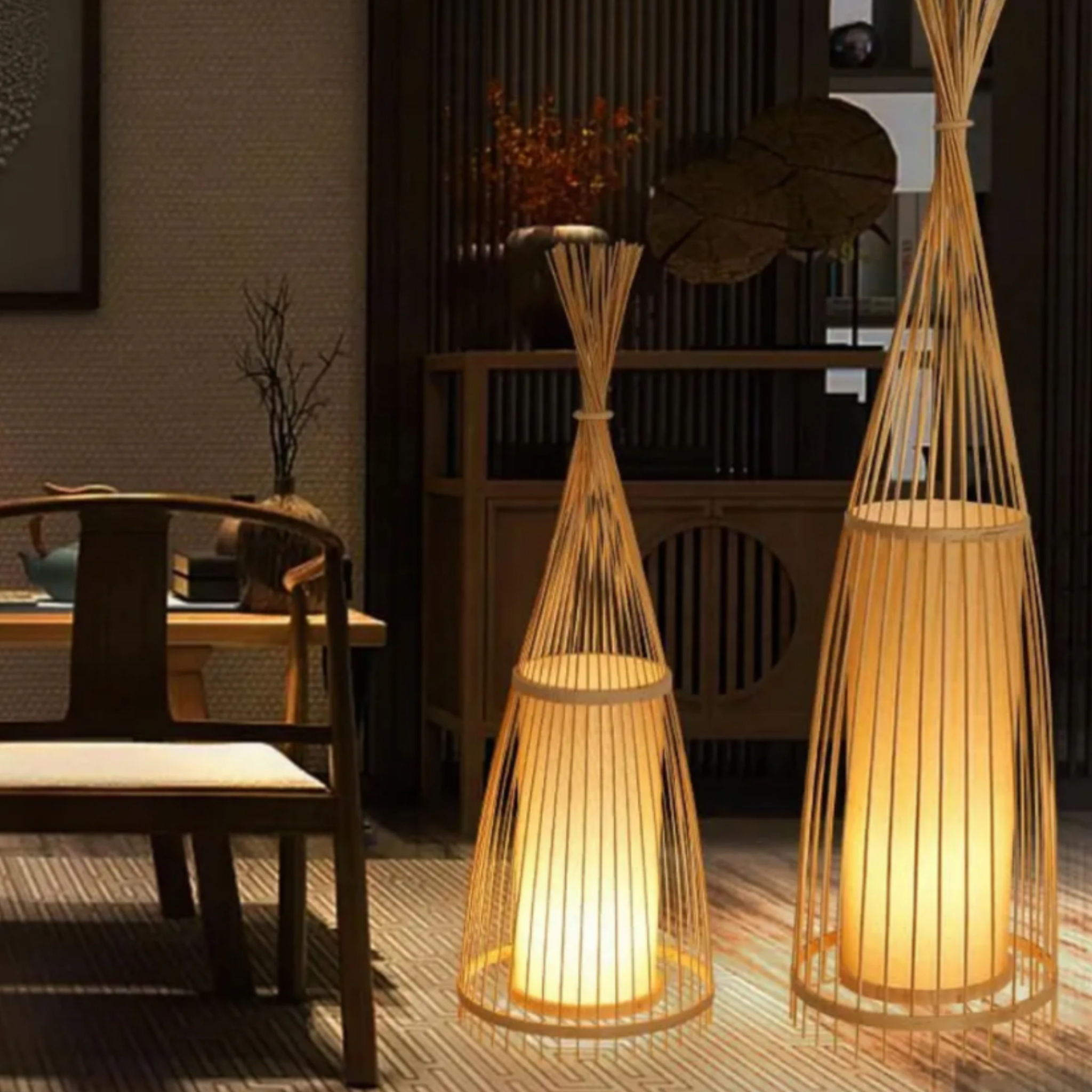 Handmade bamboo floor lamp in a Japandi interior