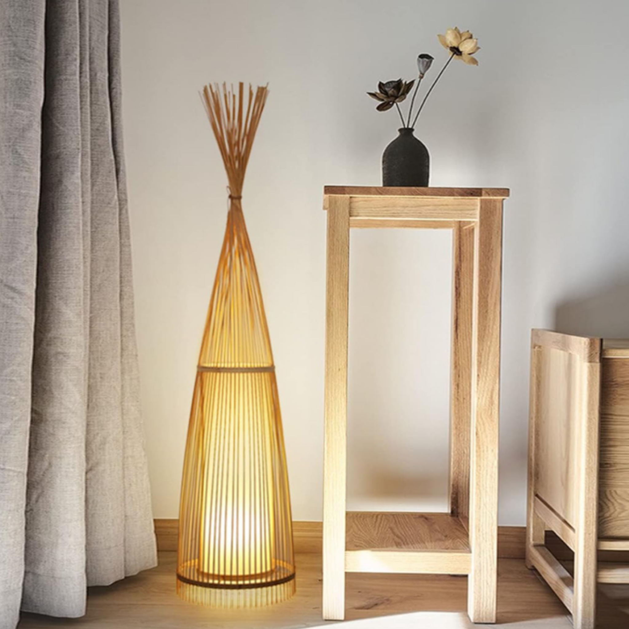 Handmade bamboo wicker floor lamp in a reading corner