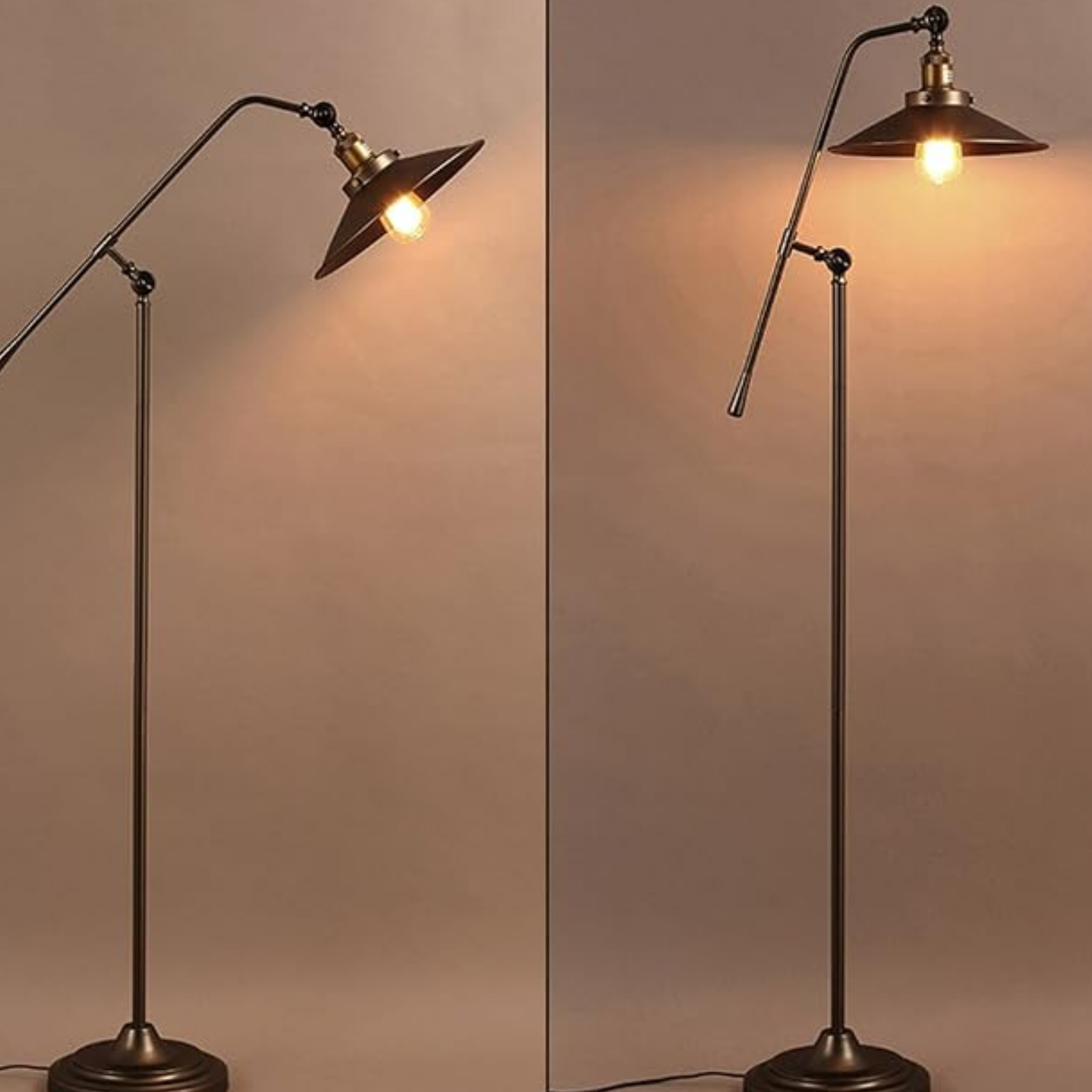 Angled view of the industrial adjustable reading floor lamp