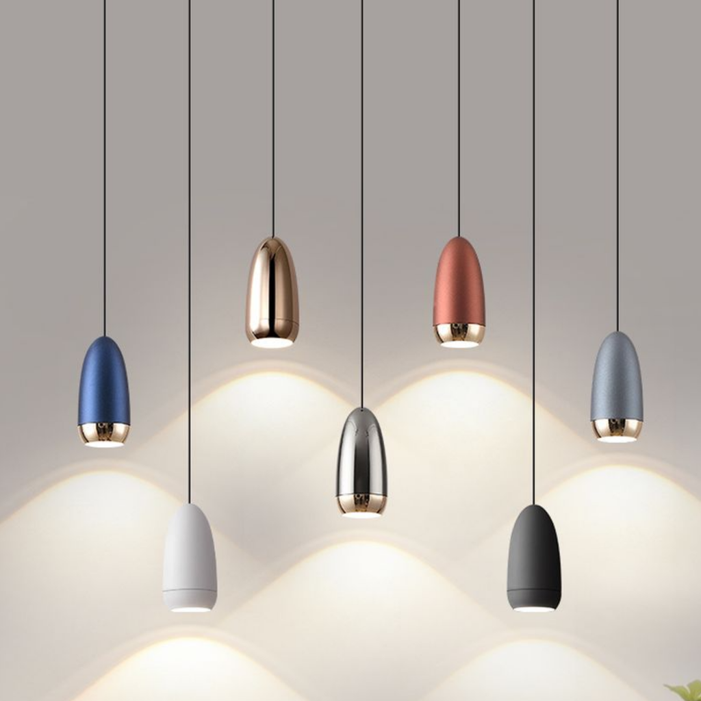 Industrial aluminum bullet LED pendant ceiling light in all colors turned on