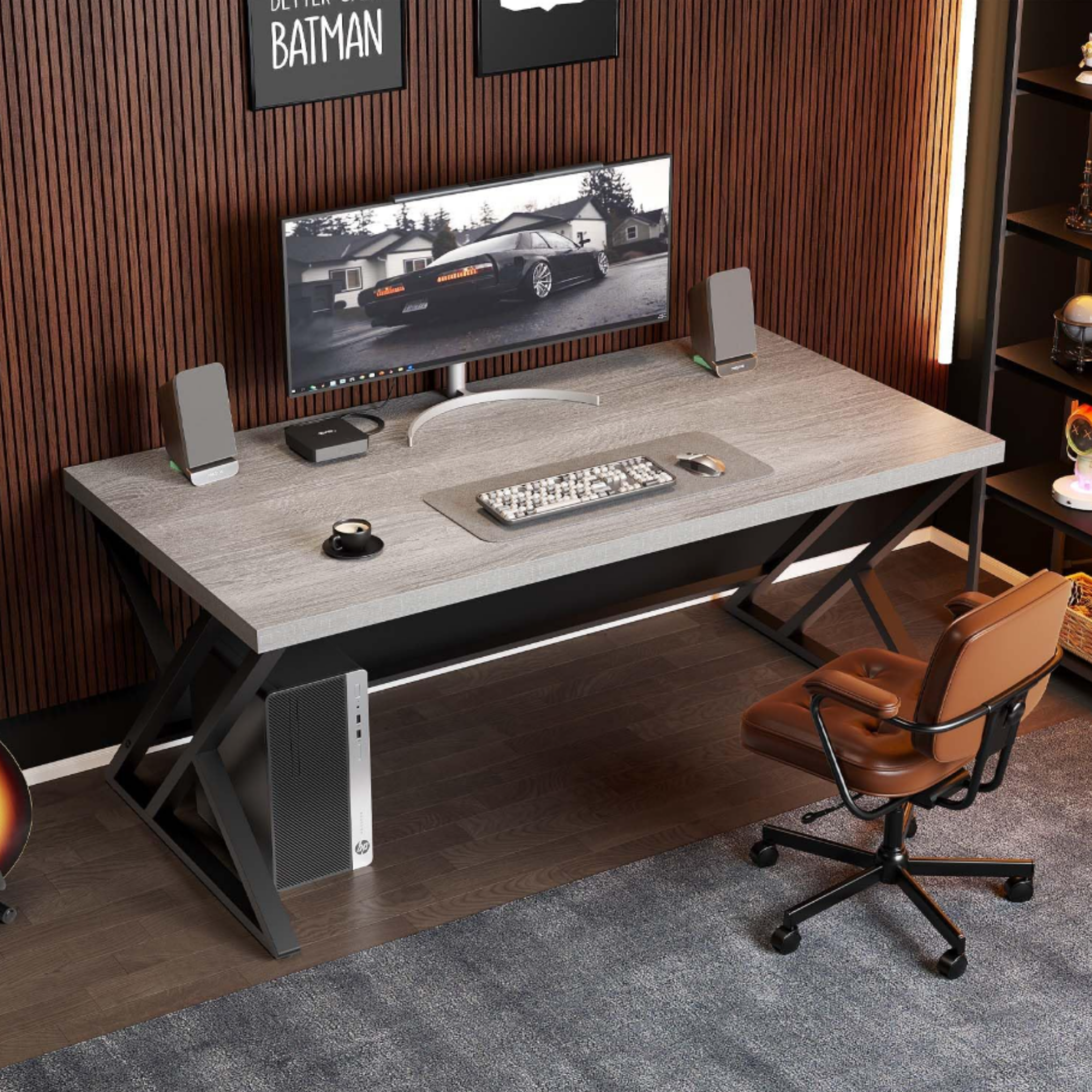 Industrial computer desk with gaming setup