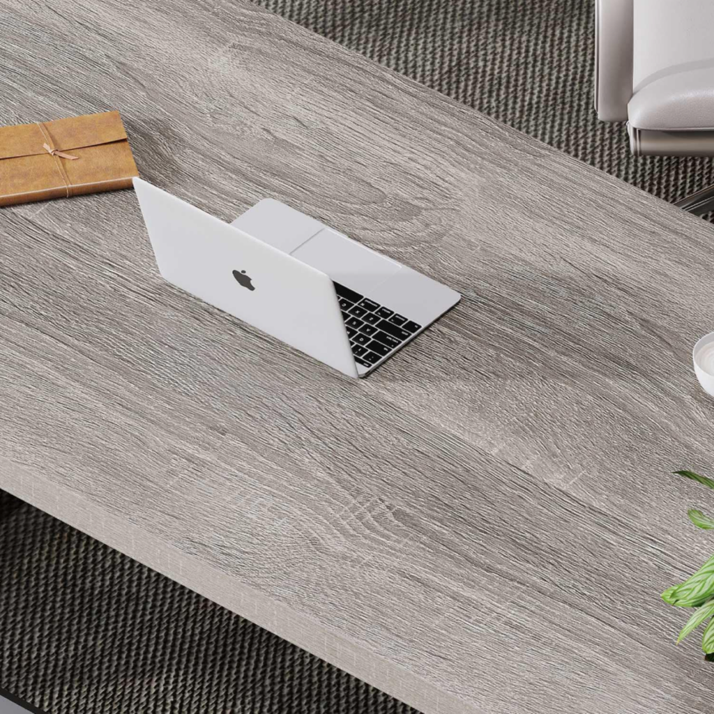 Close-up of the thick wood desktop