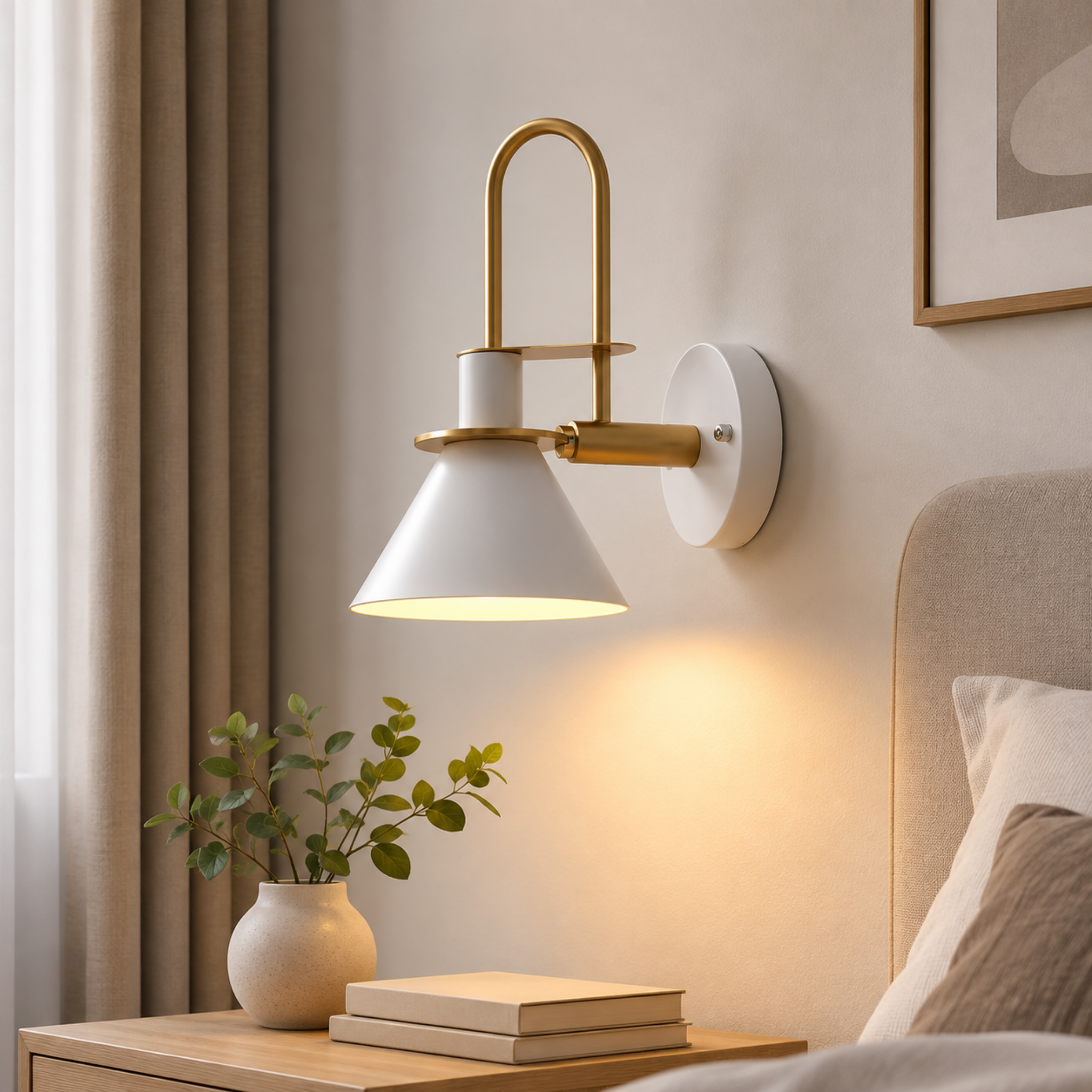 Industrial conical wall sconce in a bedroom