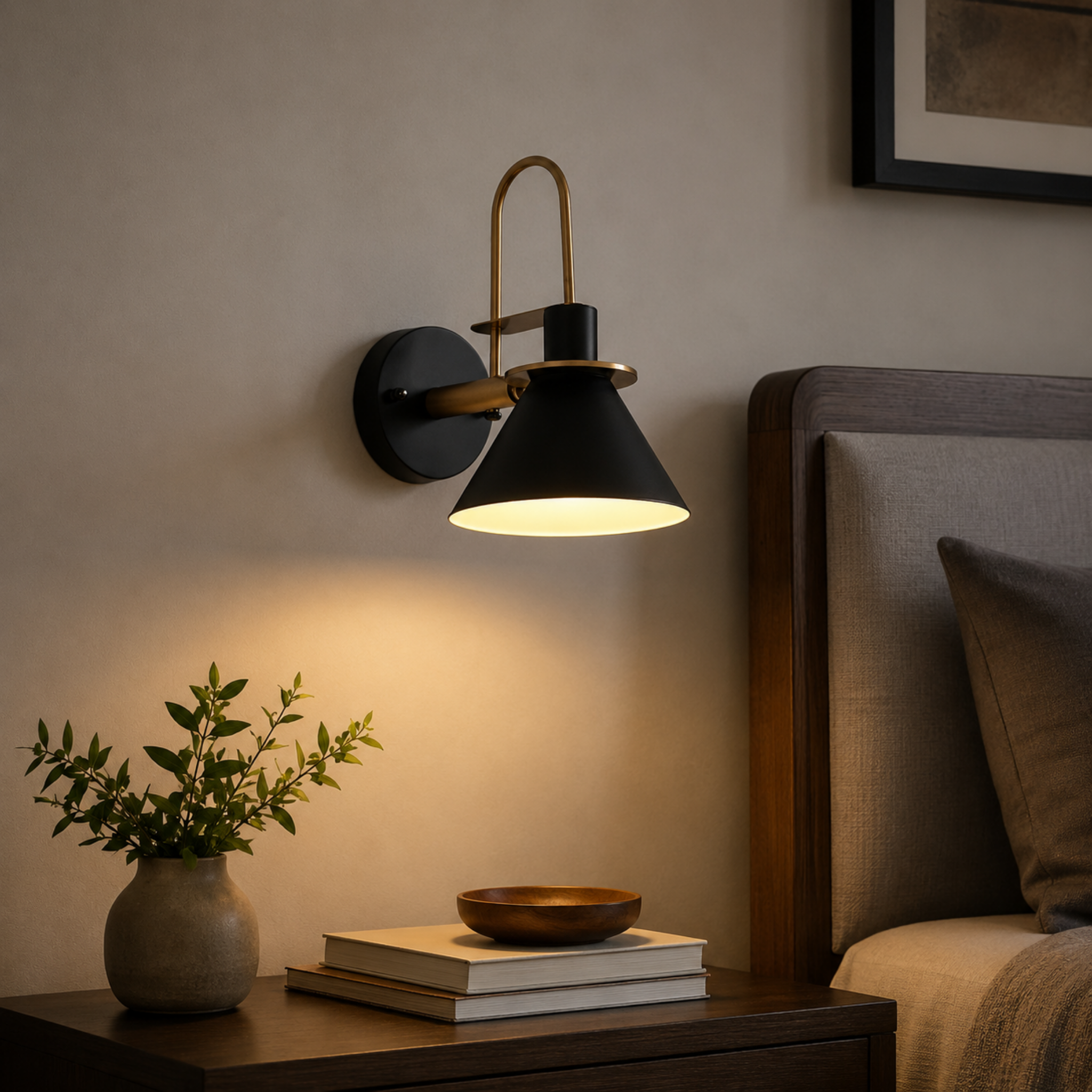 Industrial wall sconce beside a bed