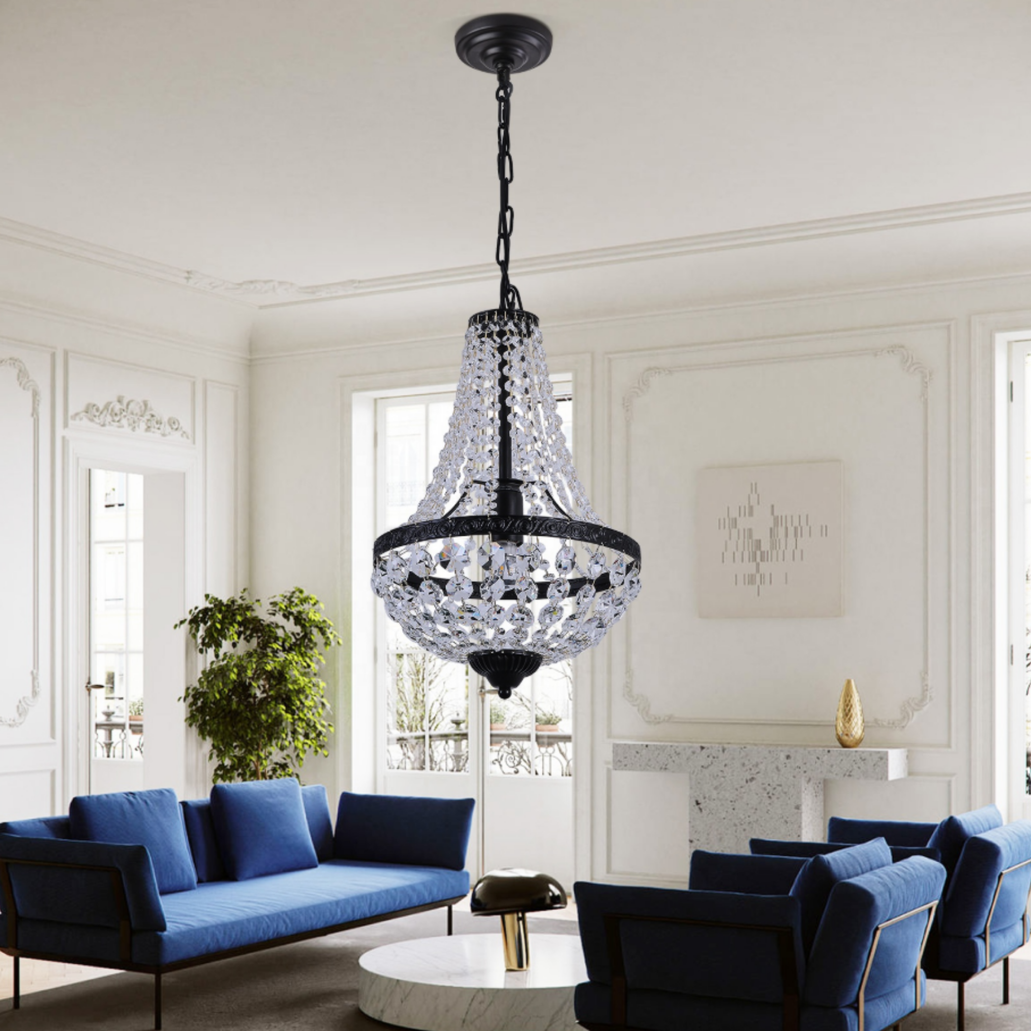 Industrial iron crystal pendant ceiling light in a dining room