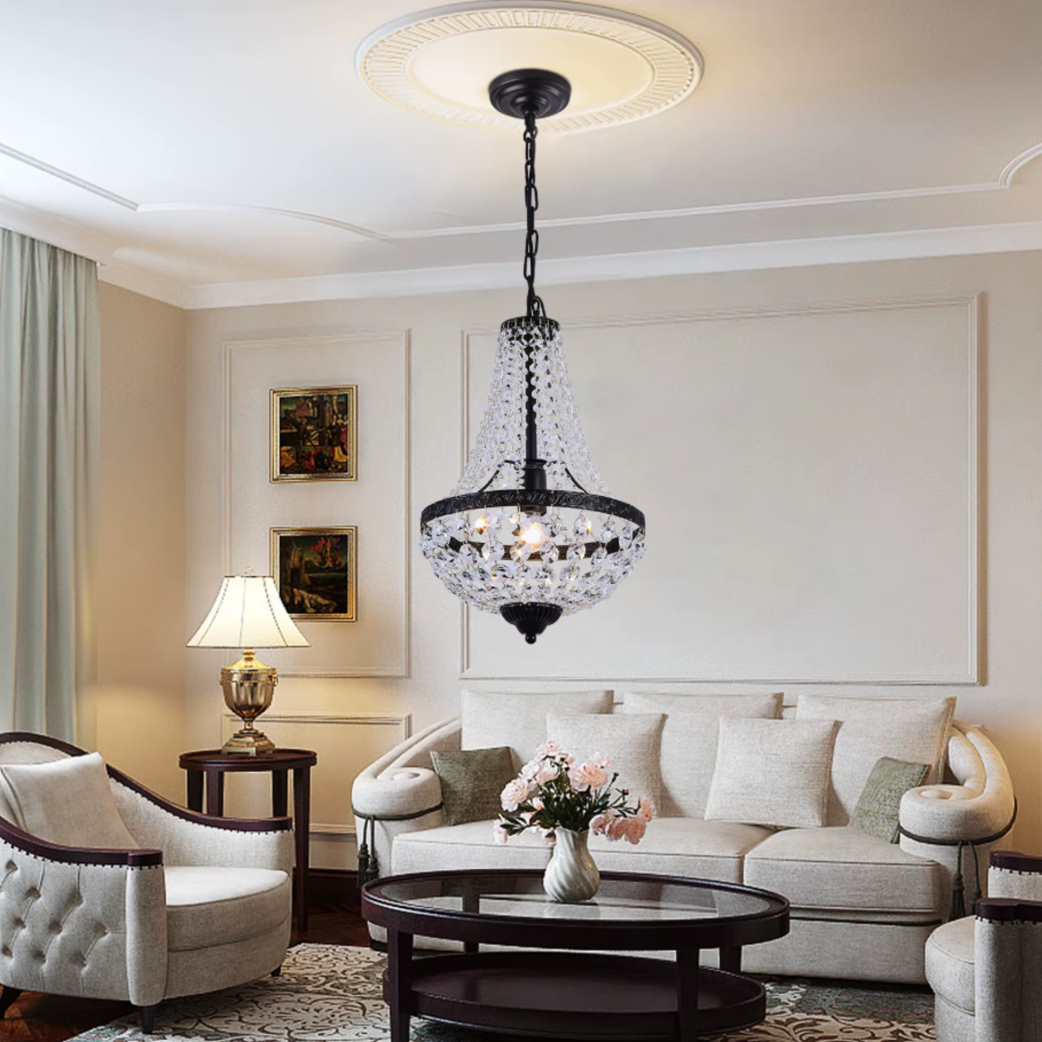 Industrial iron crystal pendant ceiling light in a living room
