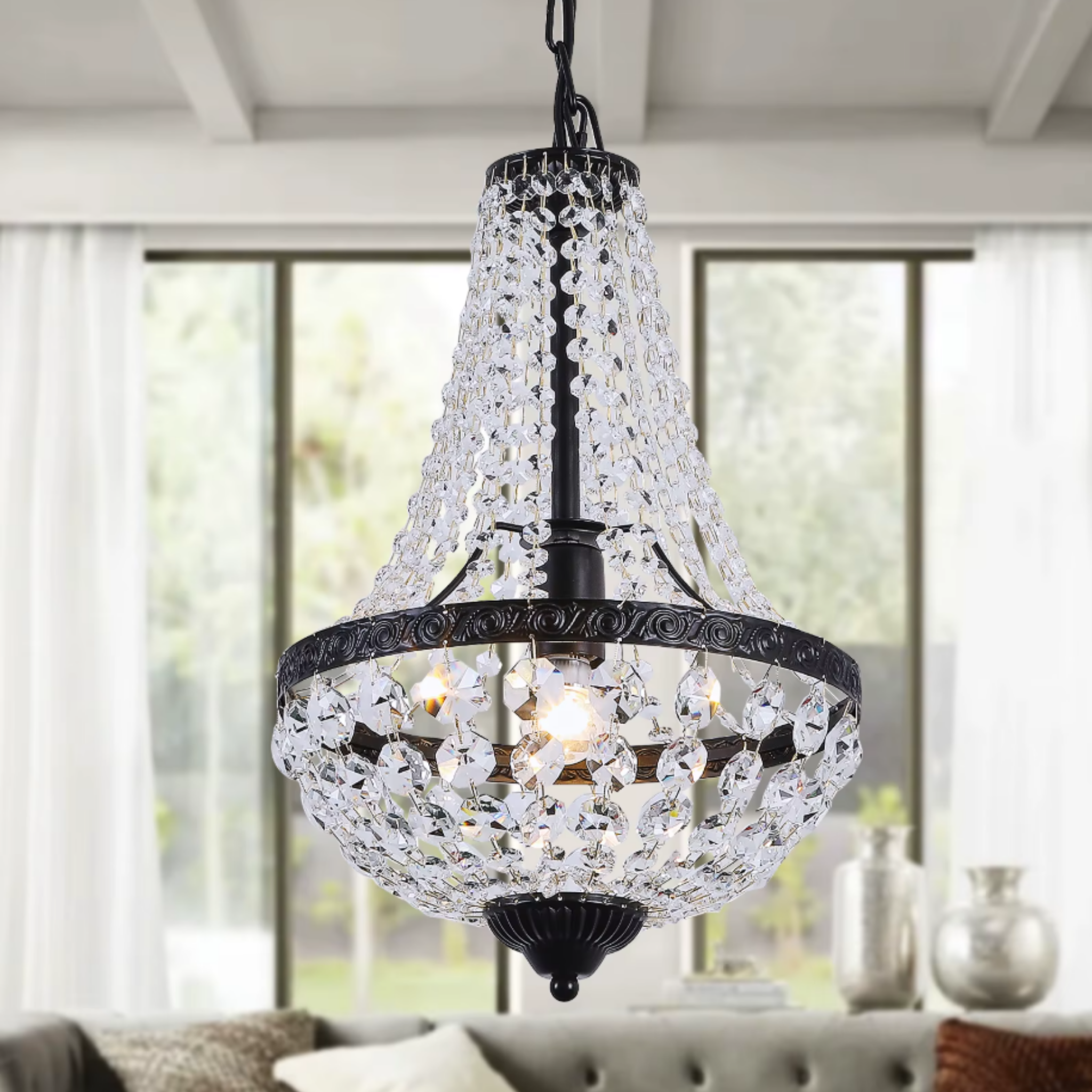 Industrial iron crystal pendant ceiling light live photo