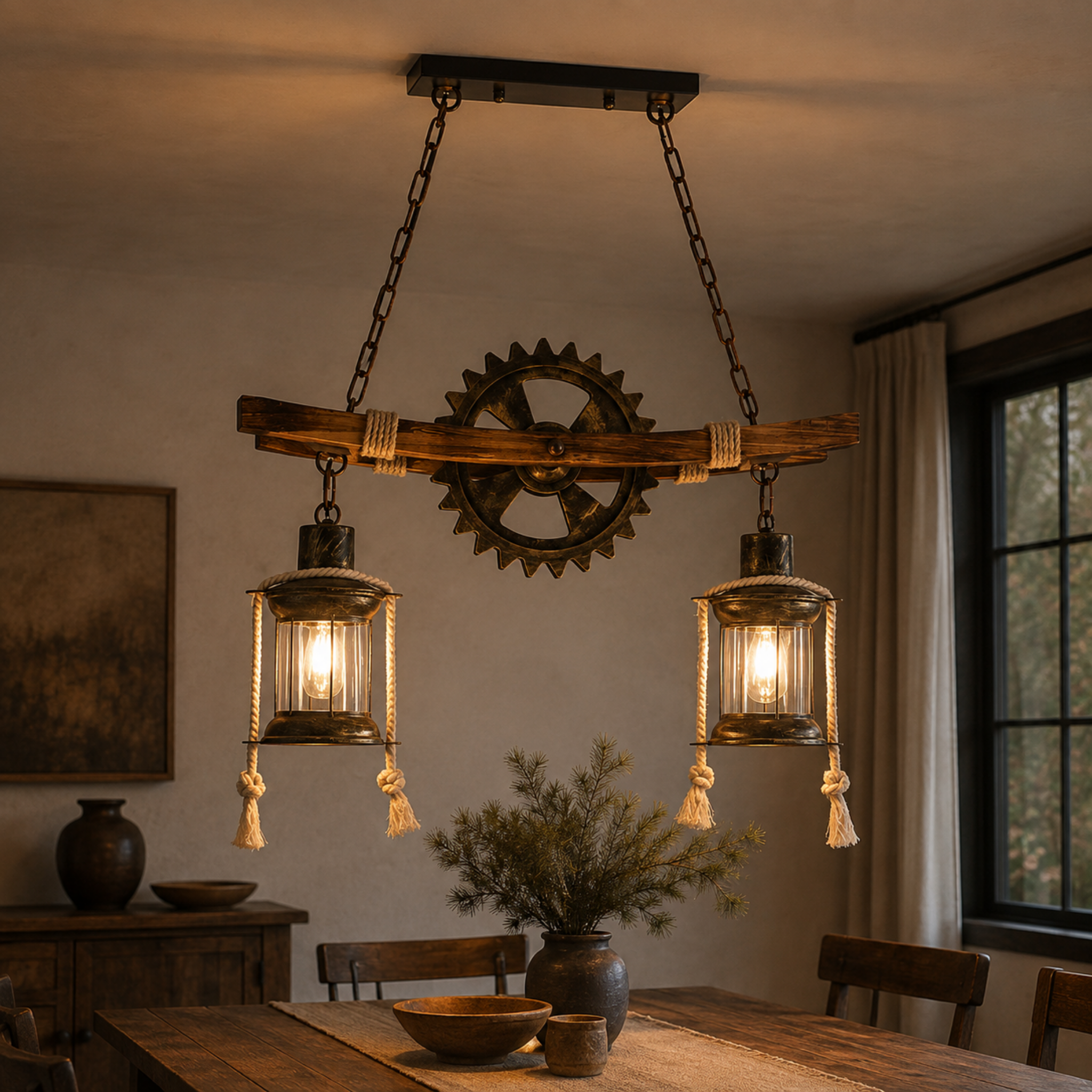 Industrial glass pendant light above a dining table