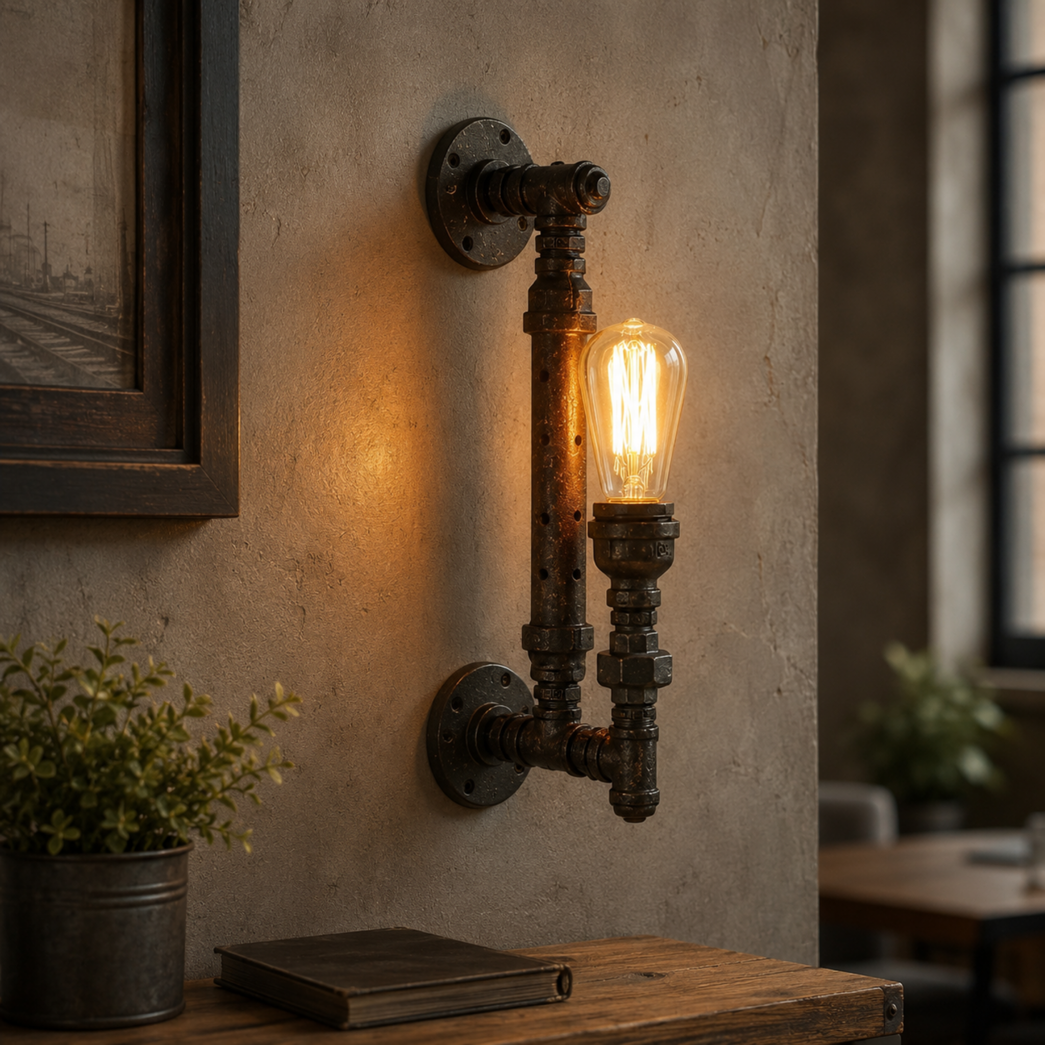 Industrial pipe wall sconce in a rustic interior