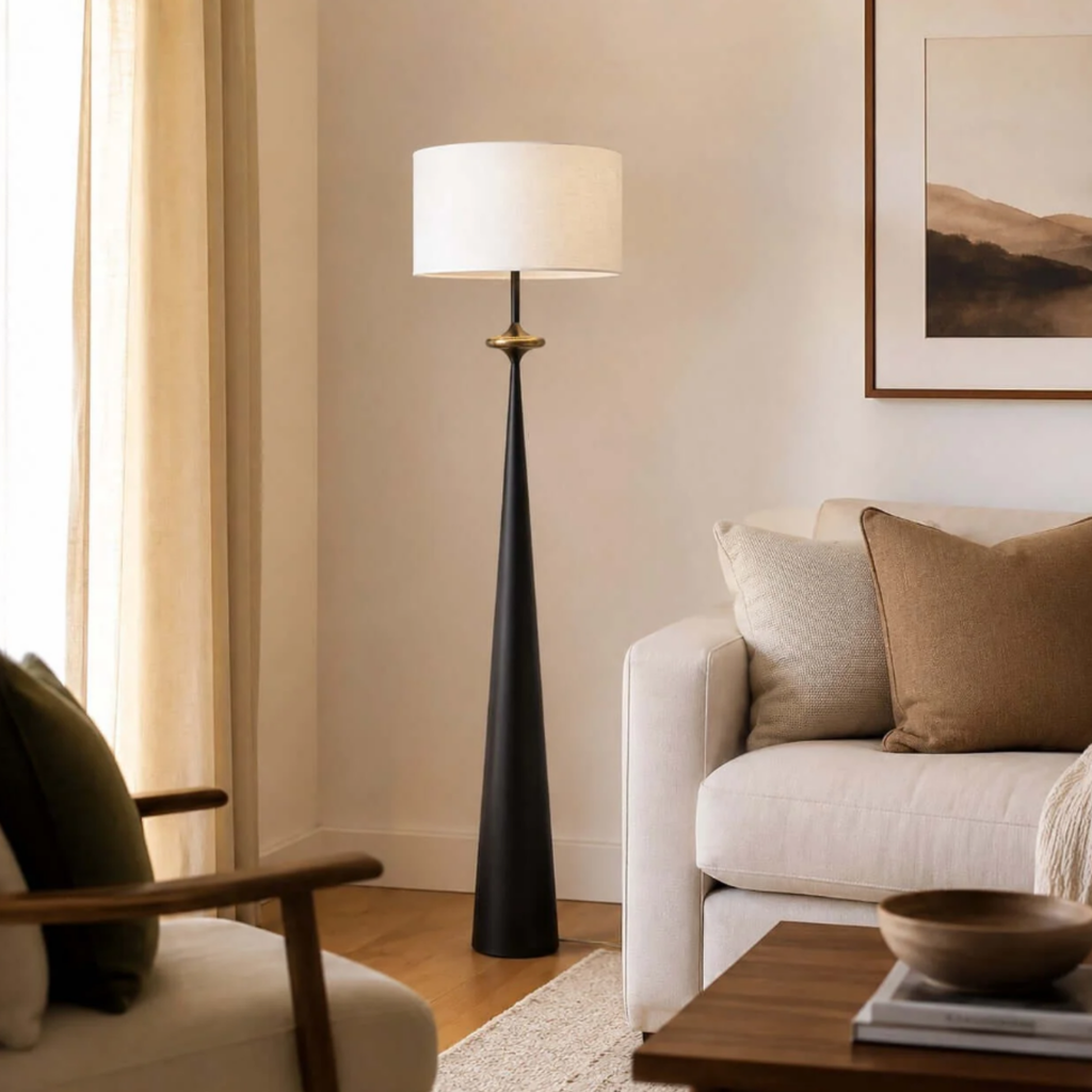 Modern Japanese fabric floor lamp in a living room