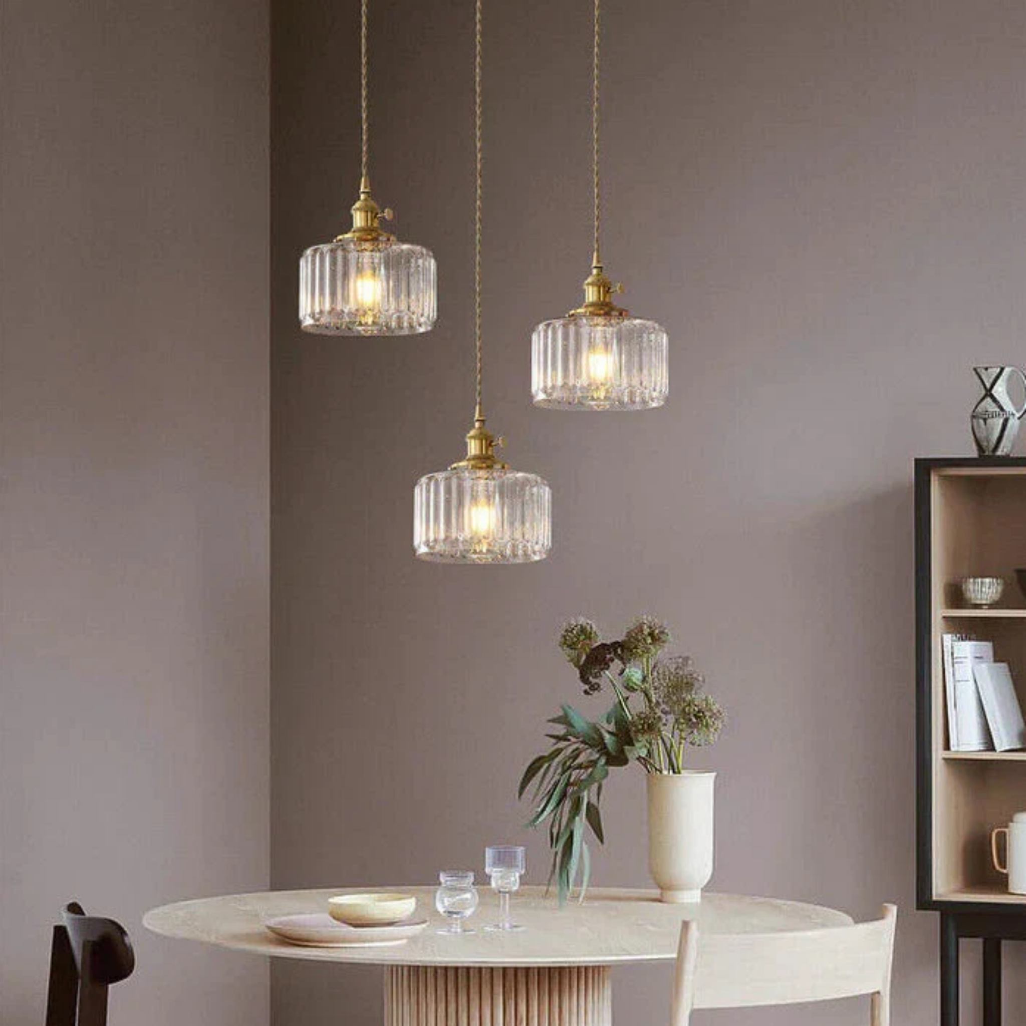 Japanese pendant light above a dining area