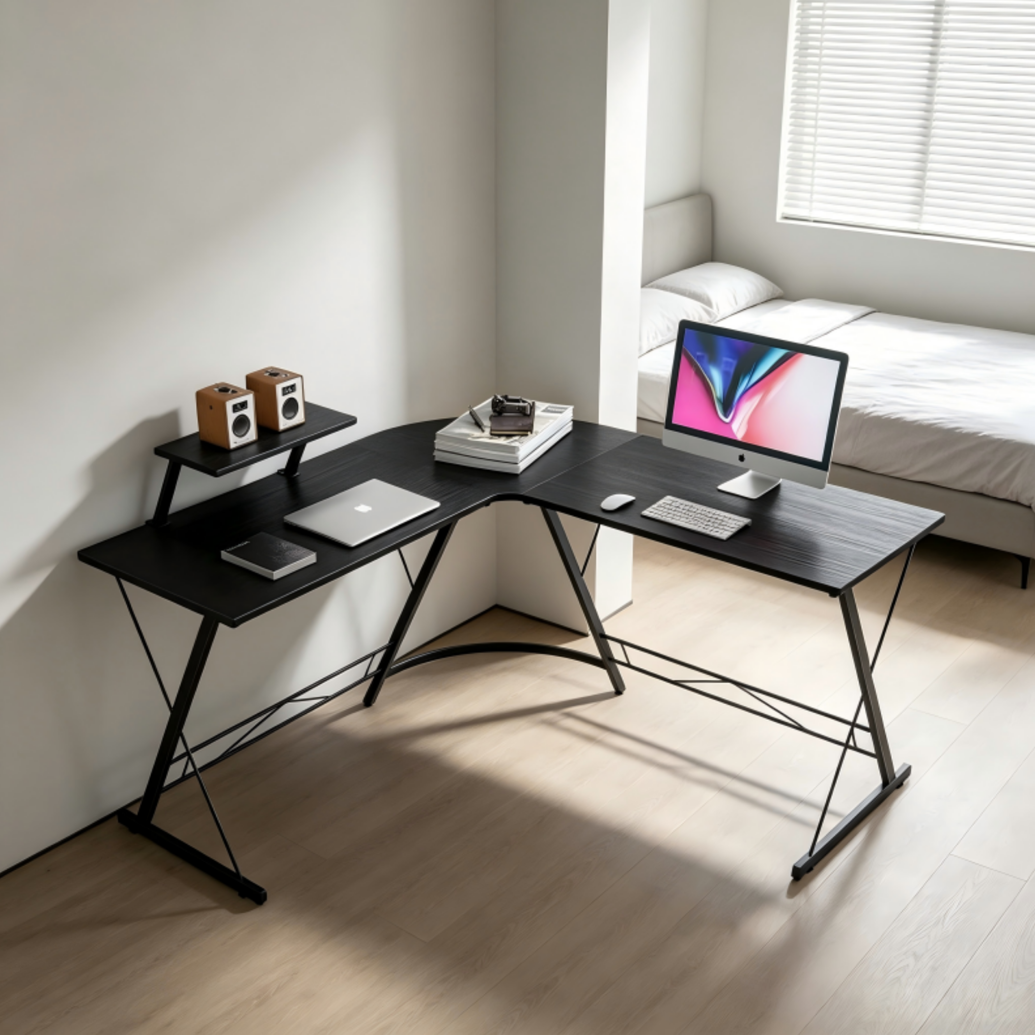 Front view of modern L-shaped corner desk