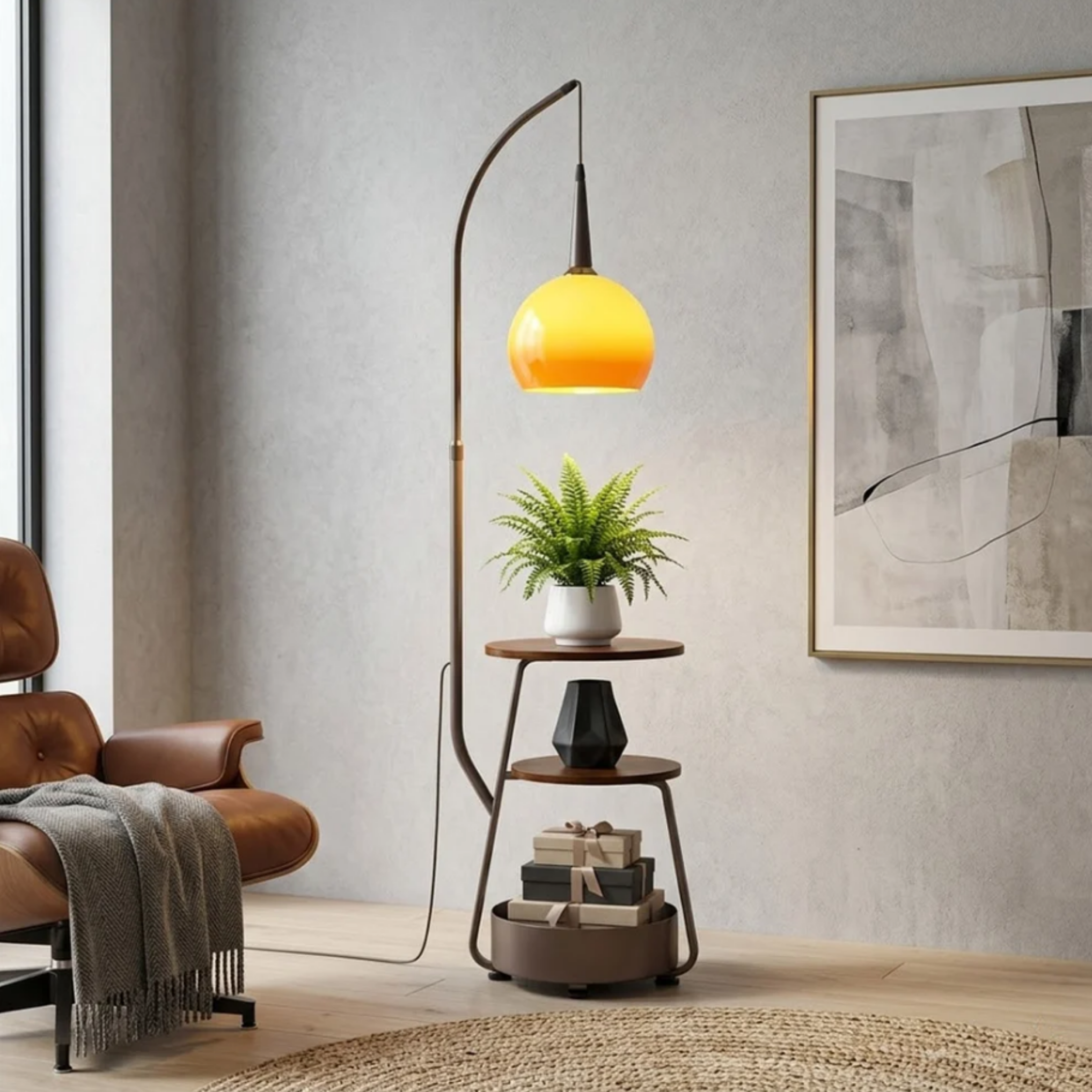 Floor lamp with built-in side table in a modern apartment