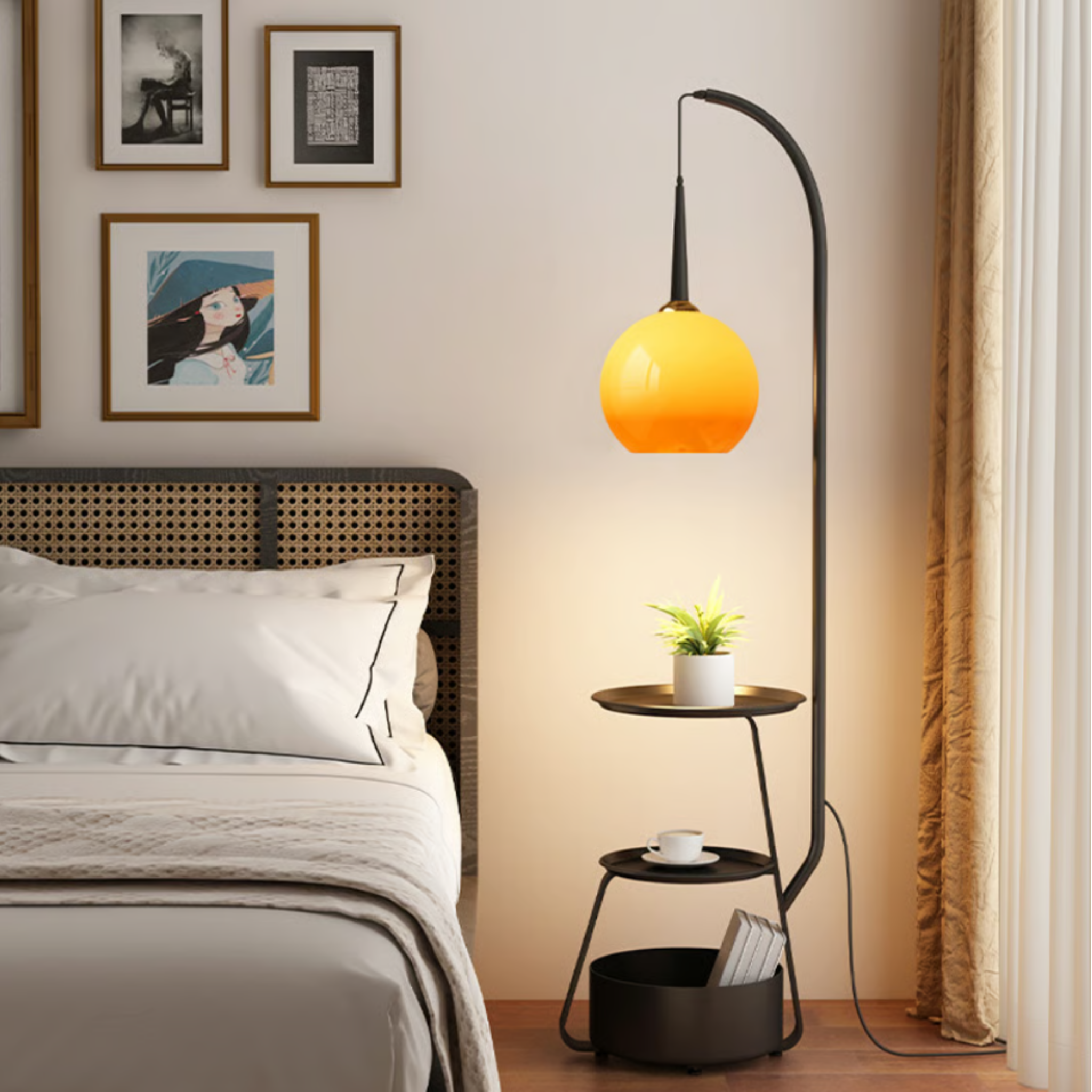 Floor lamp with built-in side table next to a bed in a bedroom
