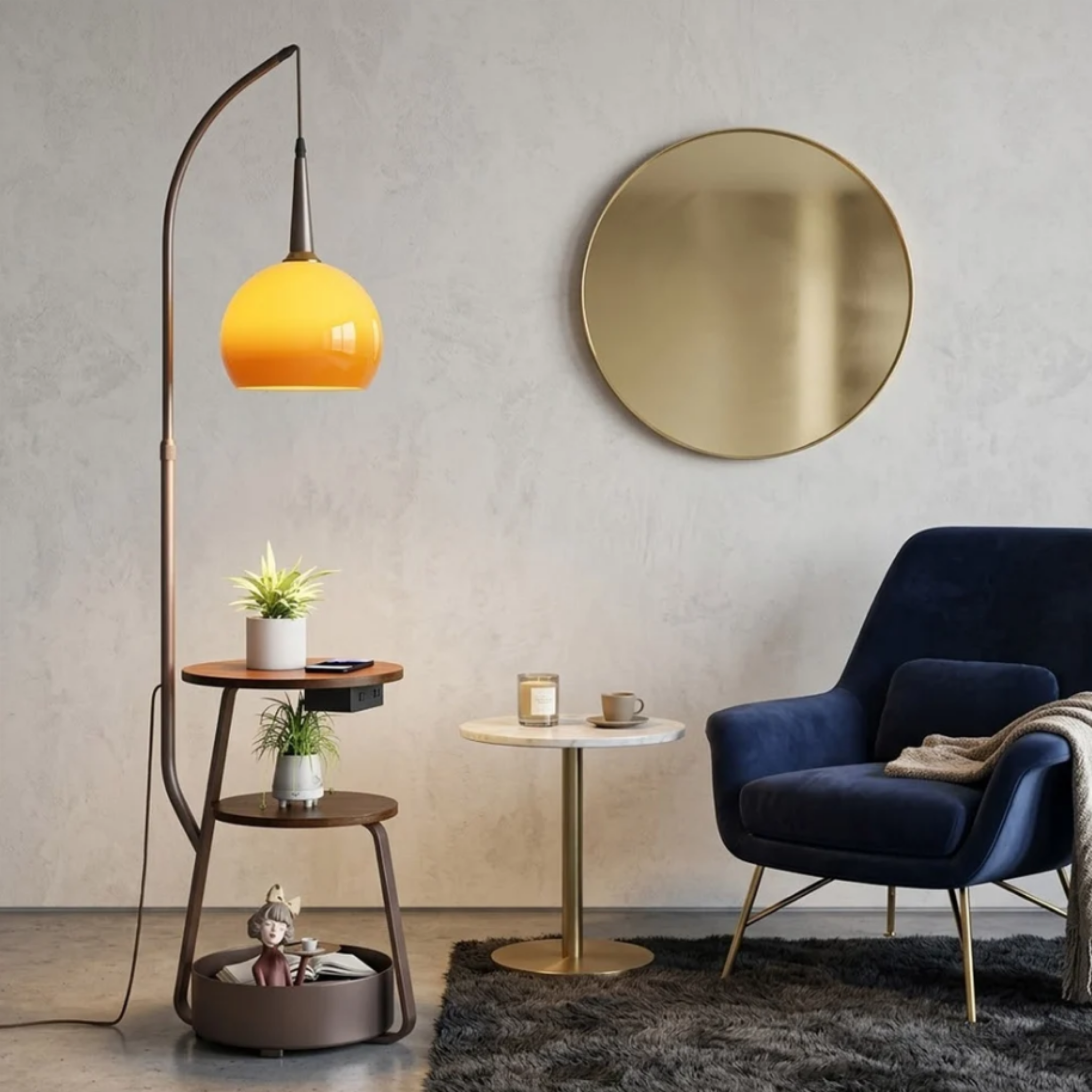 Floor lamp with built-in side table in a reading corner