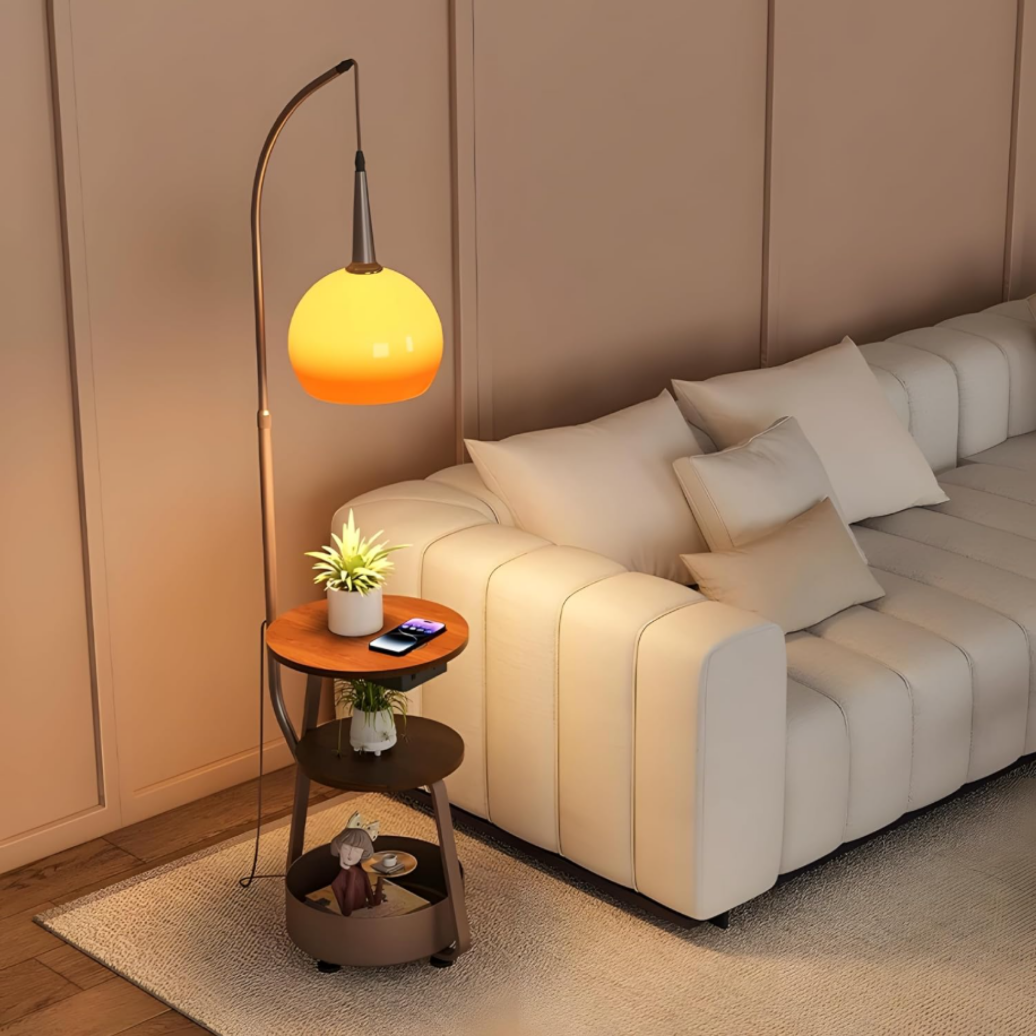 Floor lamp with built-in side table beside a sectional sofa