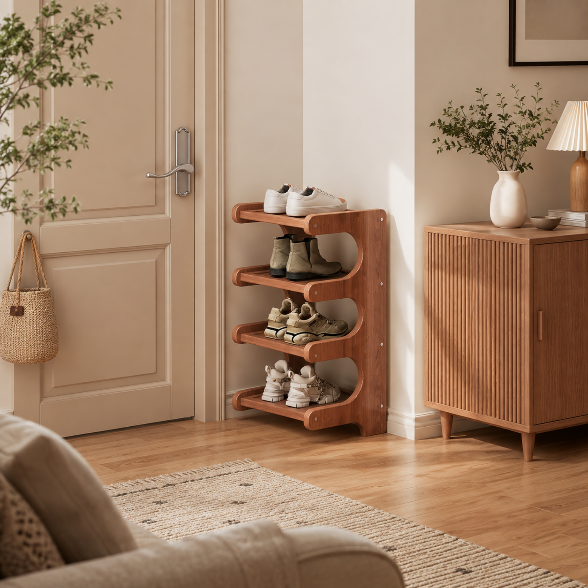 Light Walnut bamboo shoe rack for entryway